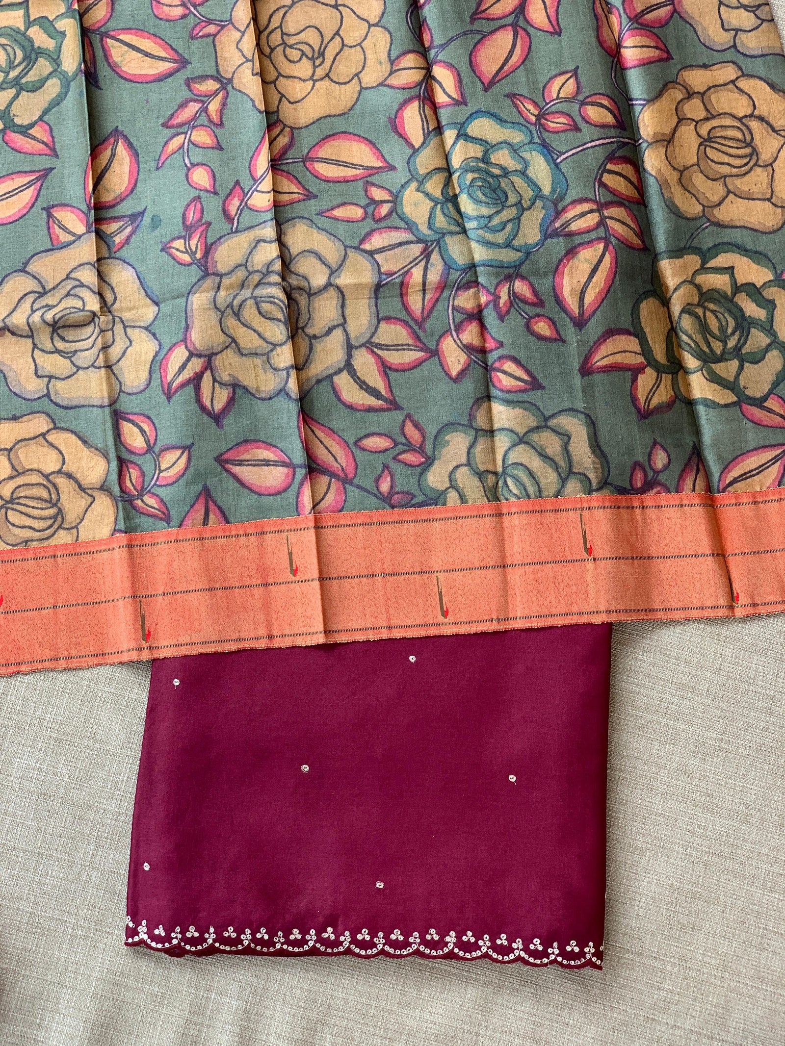 Burgundy Tussar with fusion blouse