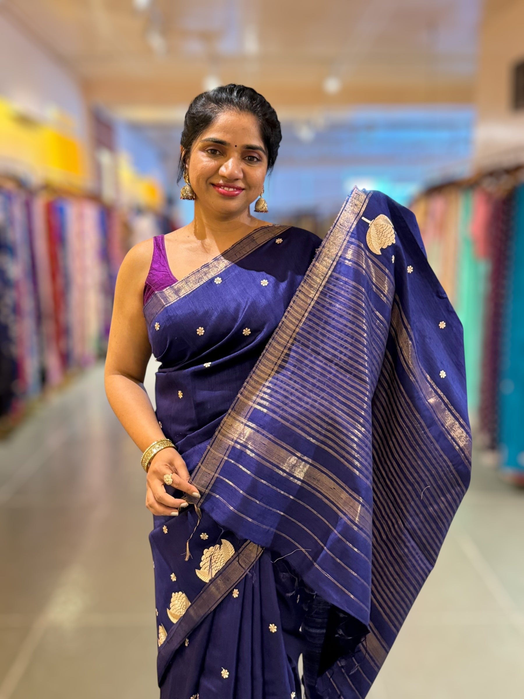 Navy Blue Pure Handloom Raw Silk Saree