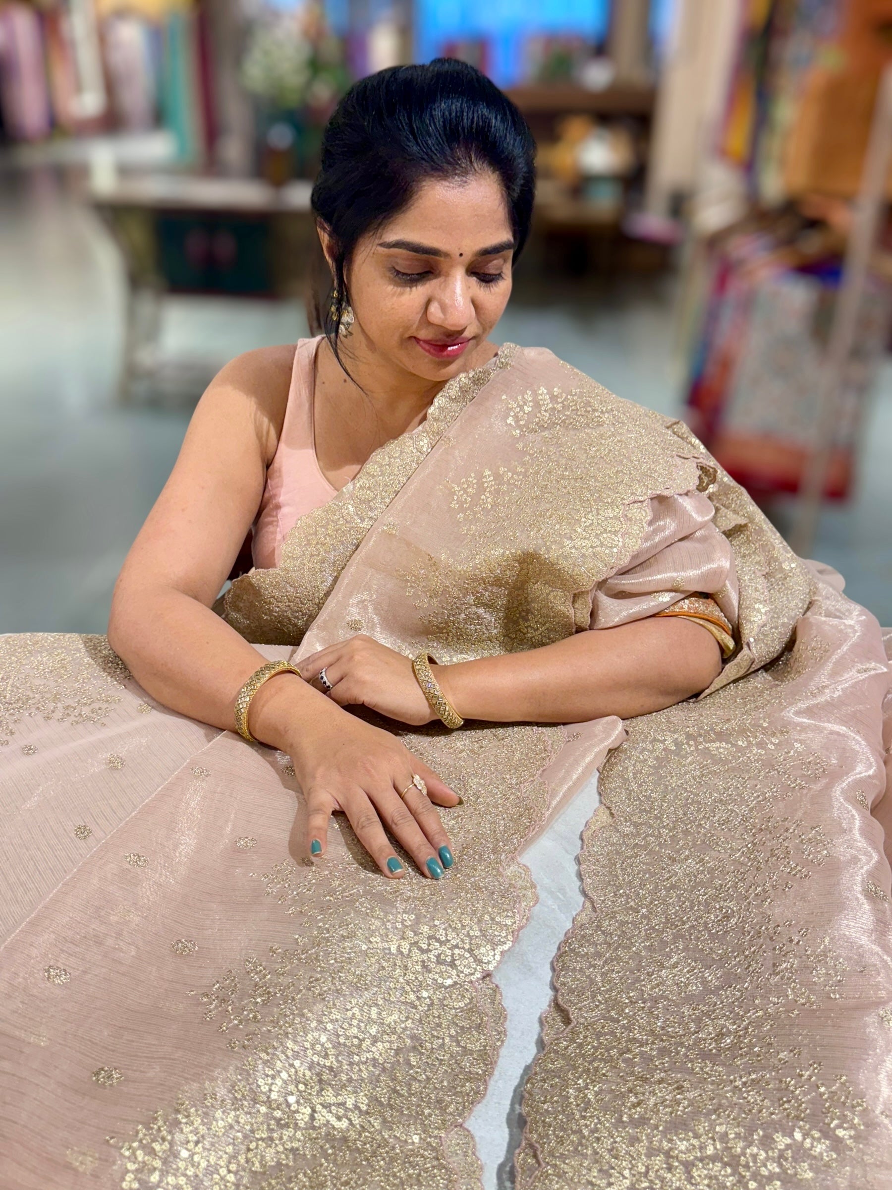 Pastel Pink Tissue Saree with Heavy Sequence Embroidered Scallop Border