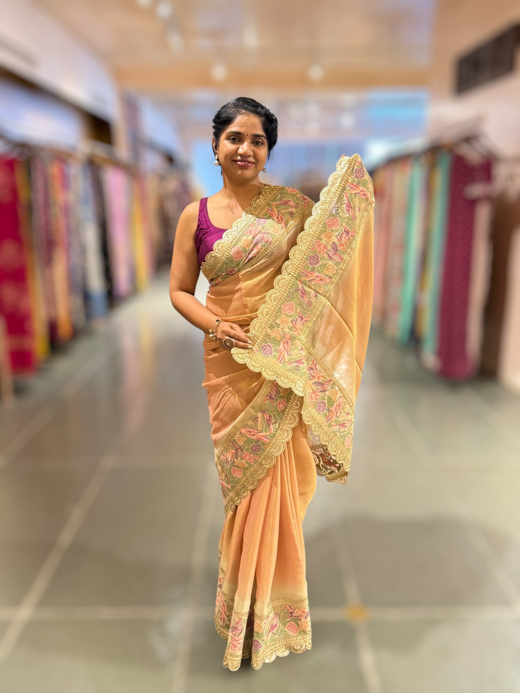 Peach Tissue Gorgette Saree With Petite Point Embroidered Border