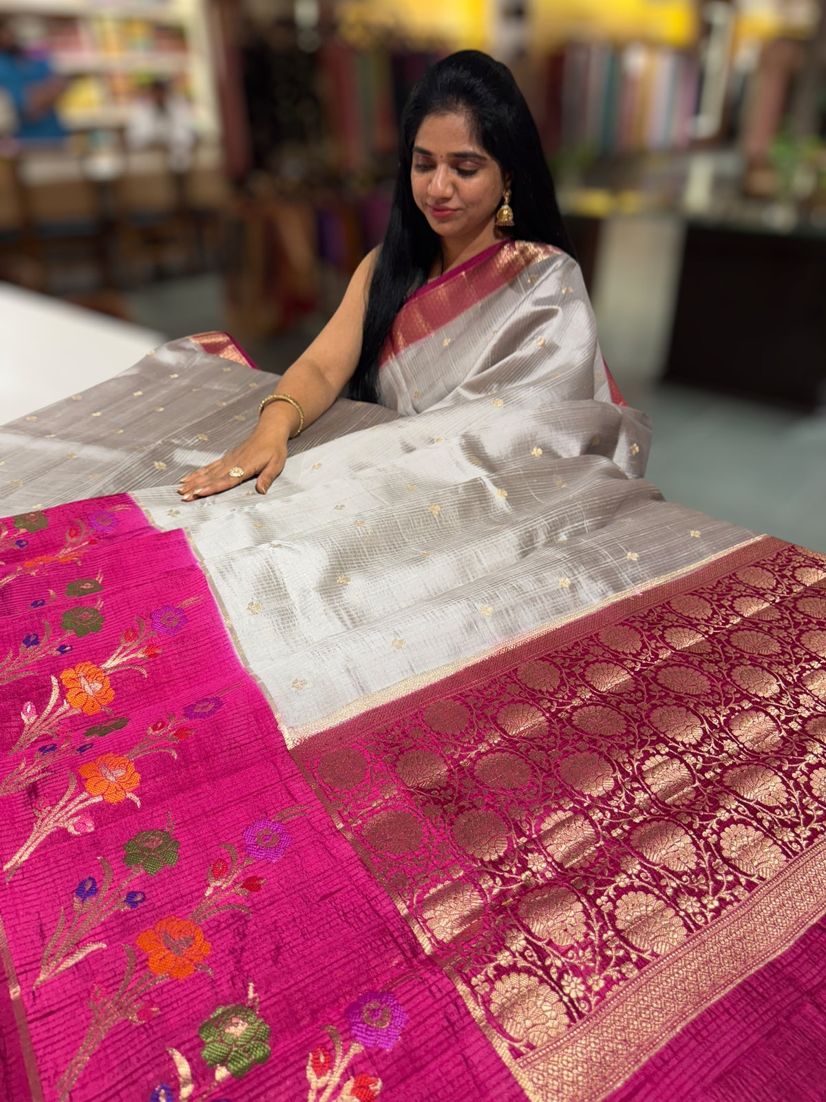 Silverish Grey Poona silk saree