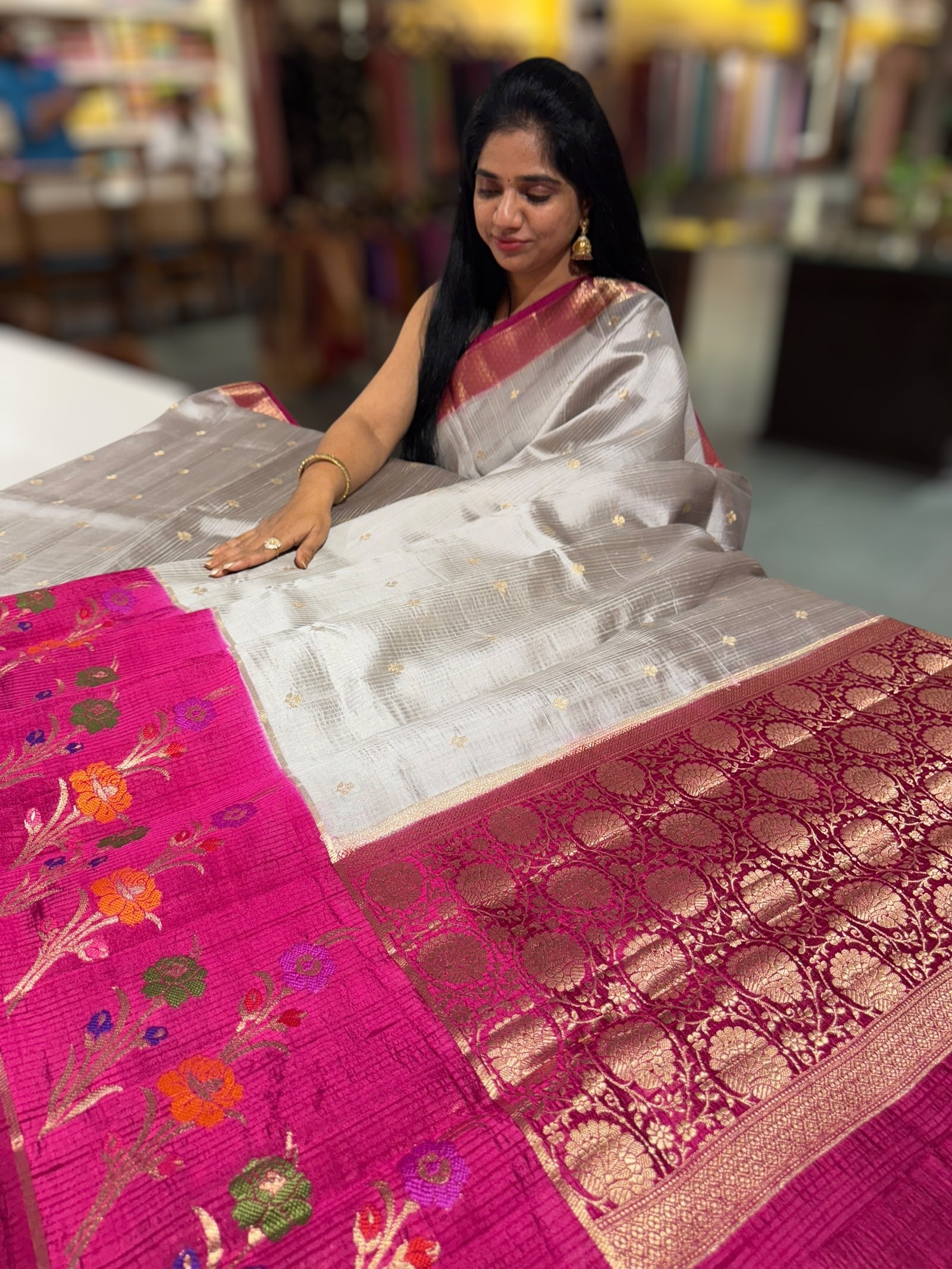 Silverish Grey Poona silk saree