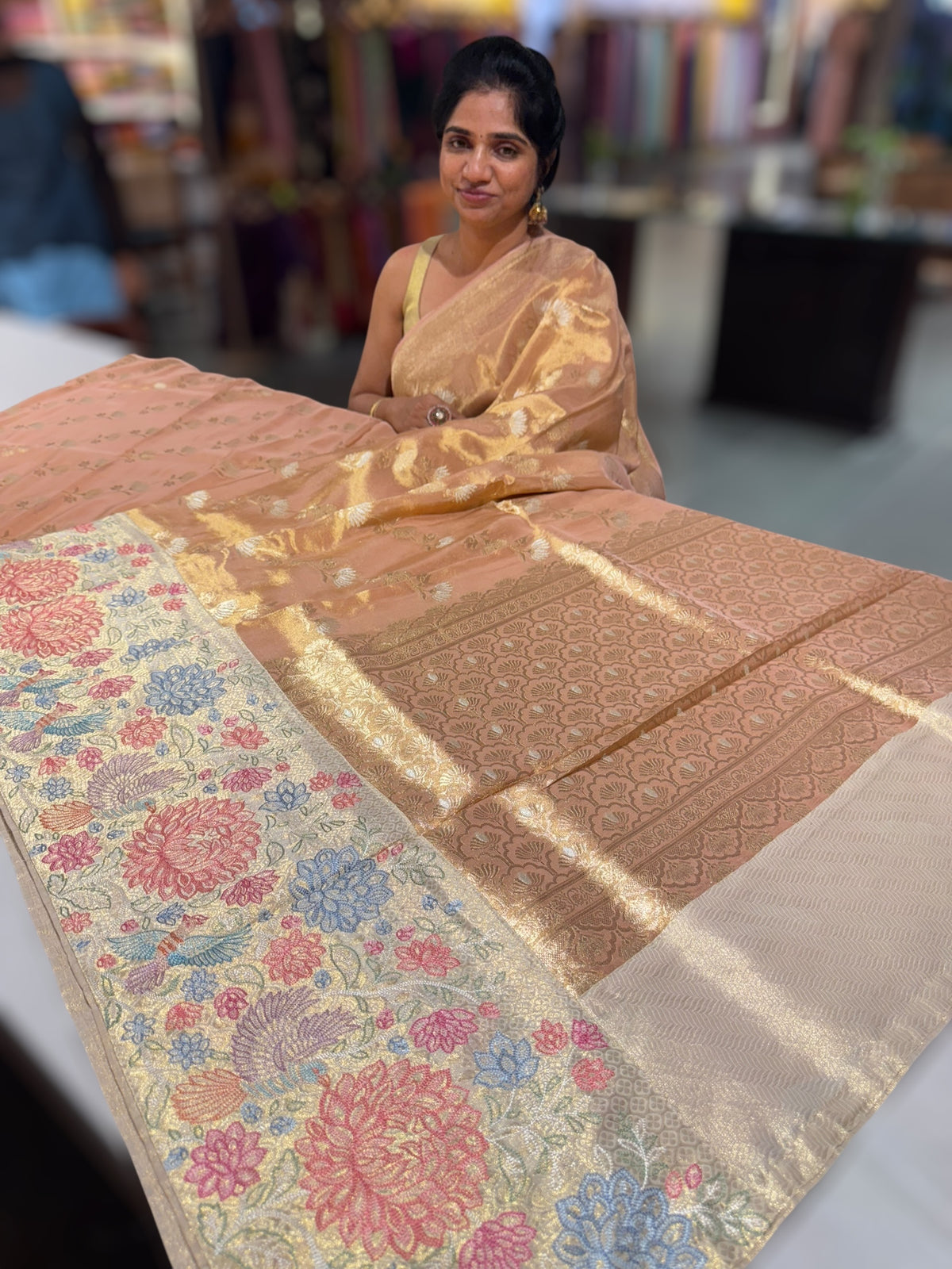 Peach Banarasi Tissue with embroidered border