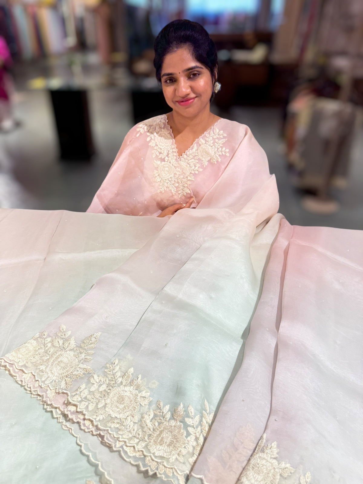 Ombre dyed Pure Organza Saree with parsi gara embroidery