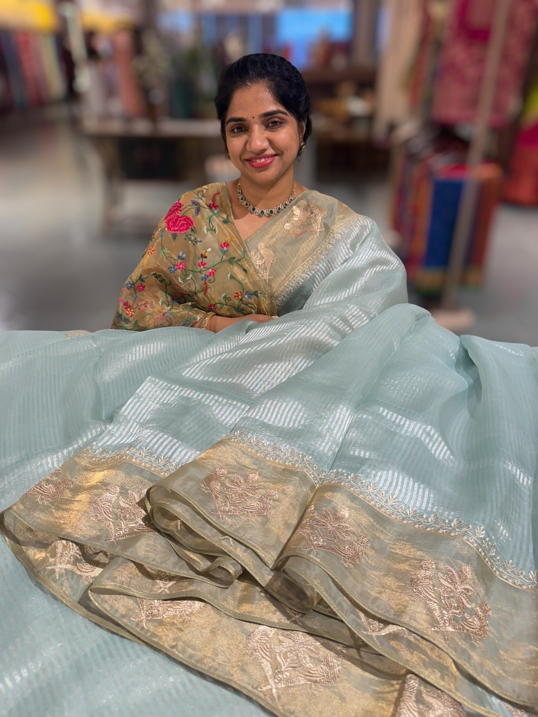 Pastel Blue Kora tissue silver stripes Saree with double parrot  embroidered tissue border