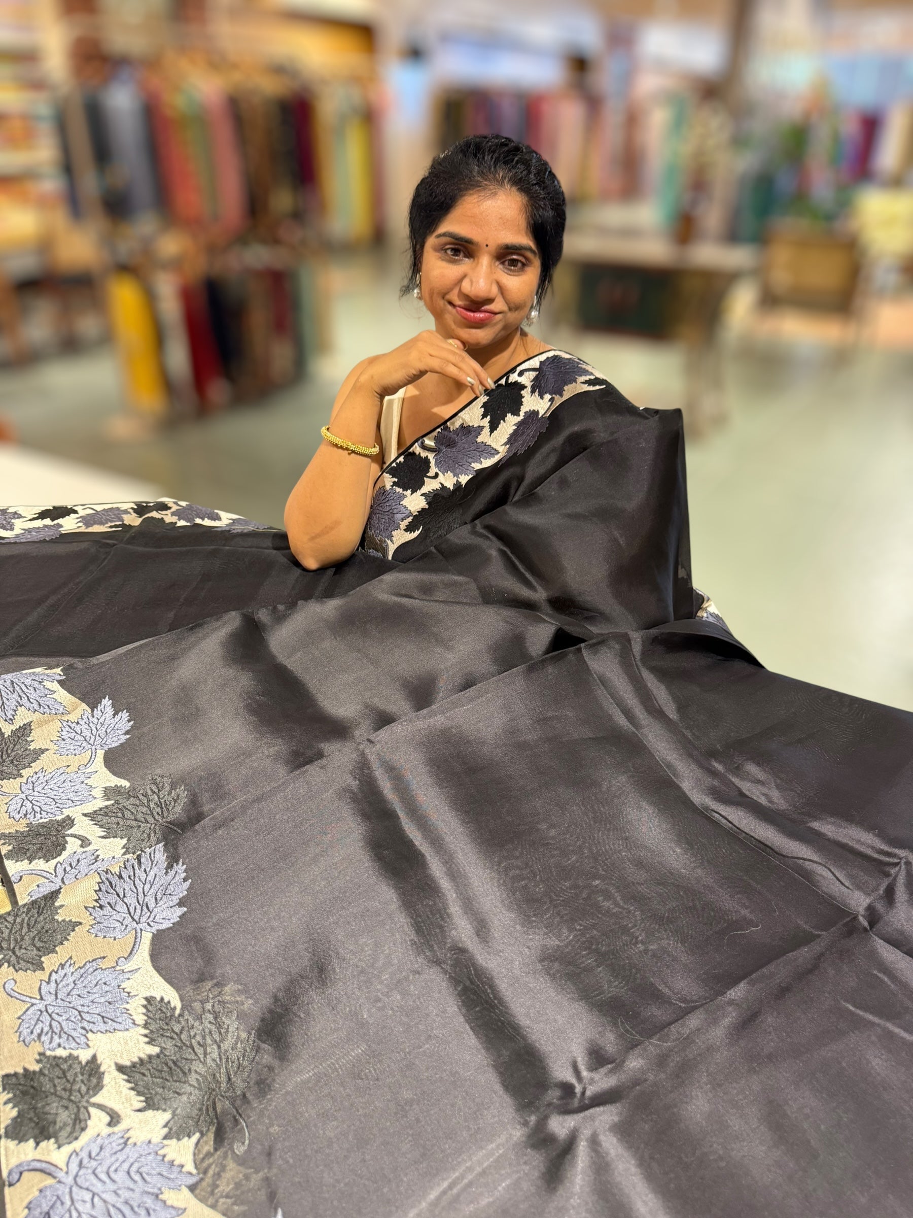 Black Organza Saree with Stunning Leaf Embroidered Border