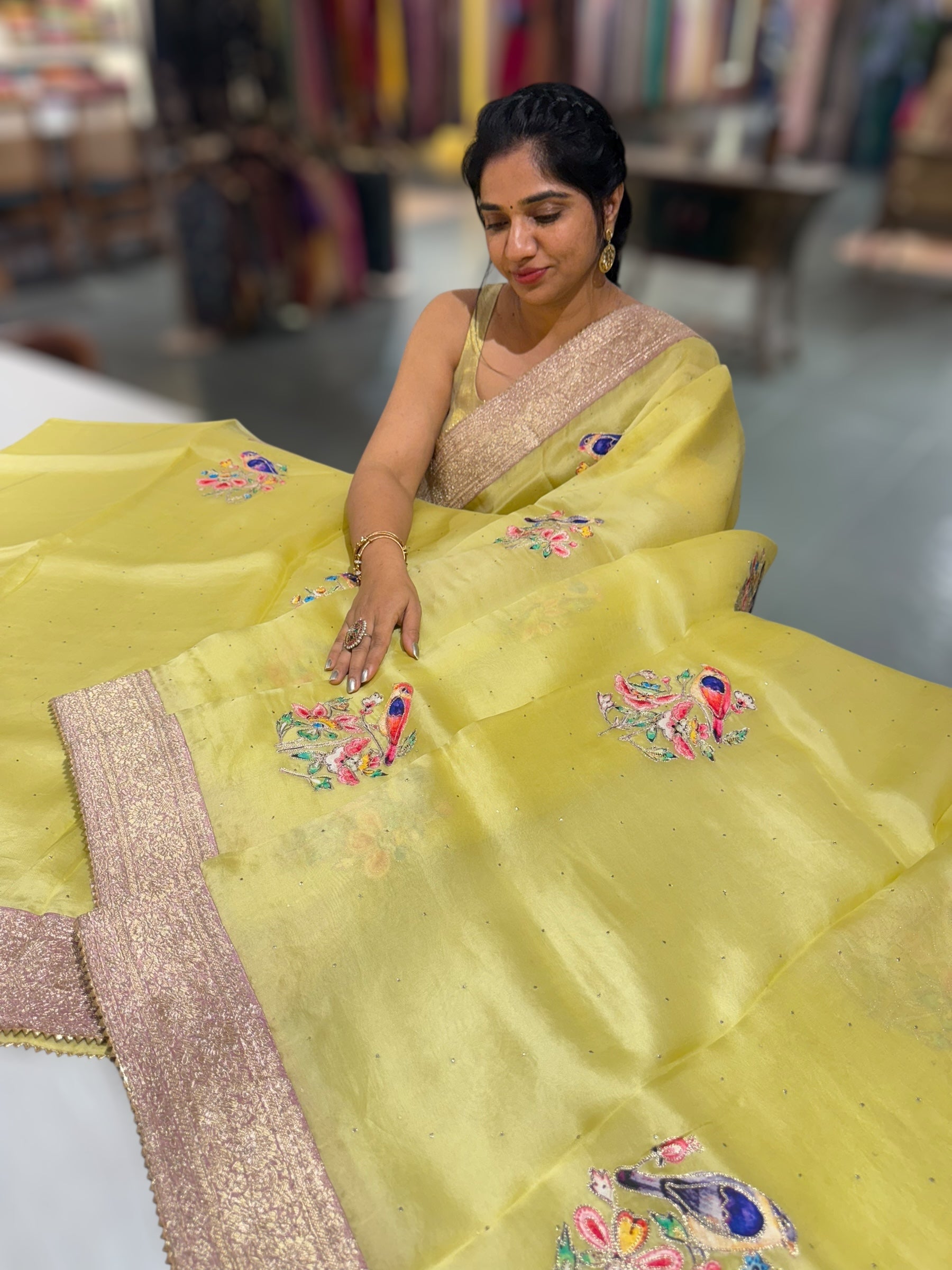Lime yellow Pure Organza Saree with banarasi pitawork border and bird applique motifs allover the saree