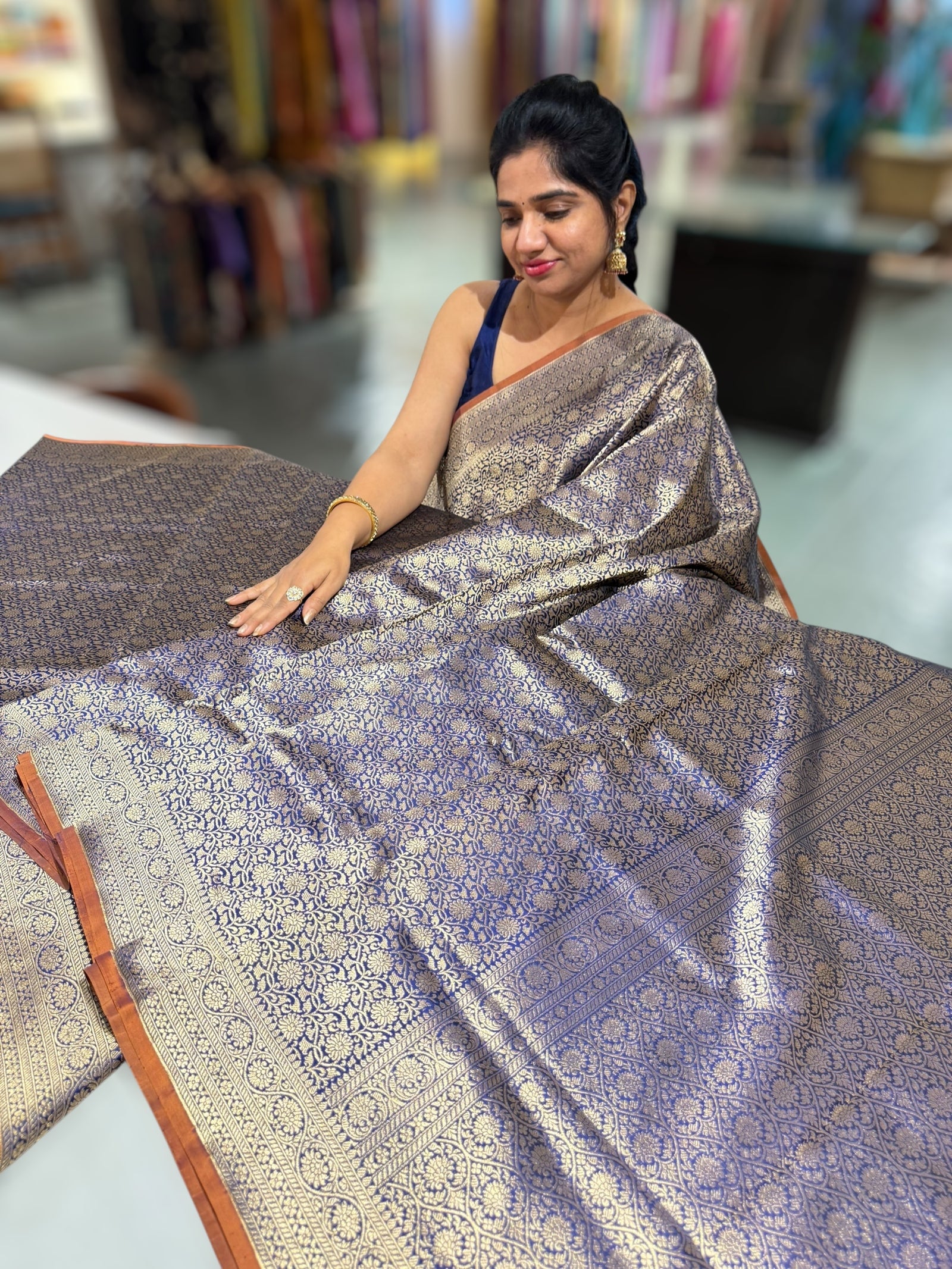 Midnight Blue katan Tonchoi weaving Saree with rust brown selvedge