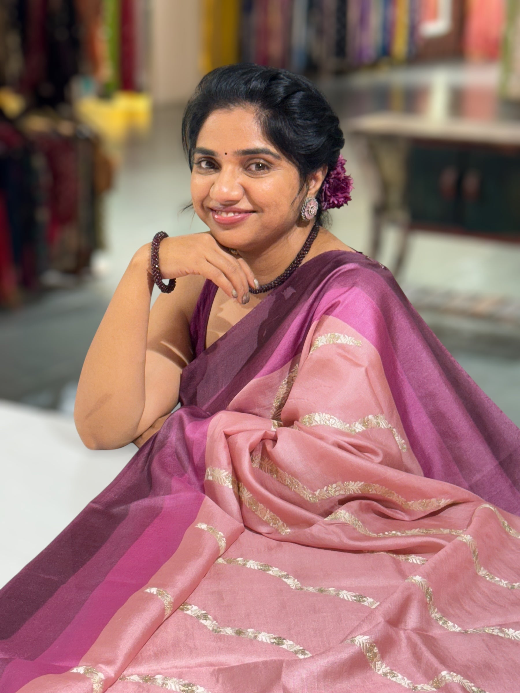 Onion Pink Embroidered Tussar Saree