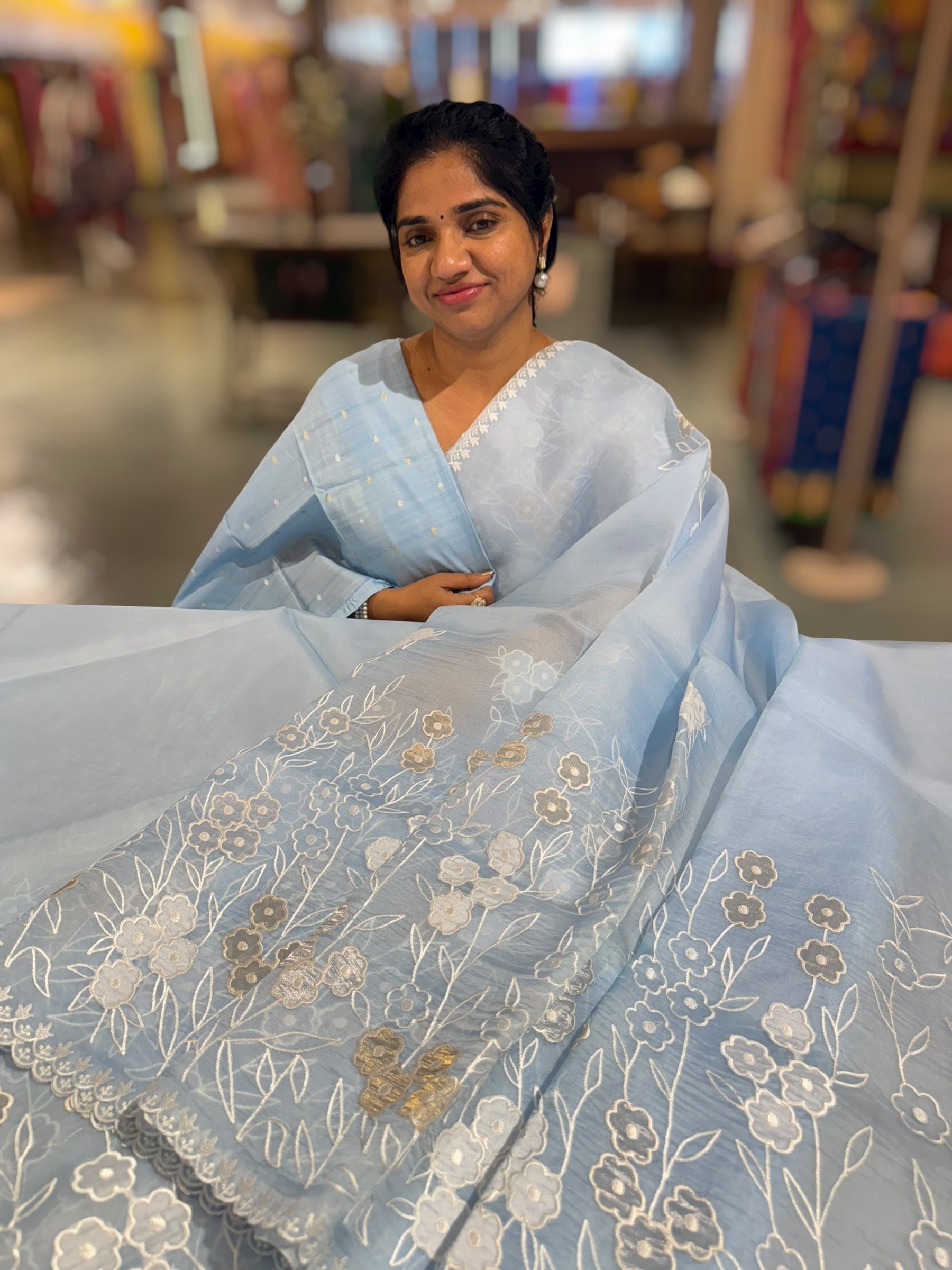 Light Cobalt Blue Organza Saree With Tissue Applique Work