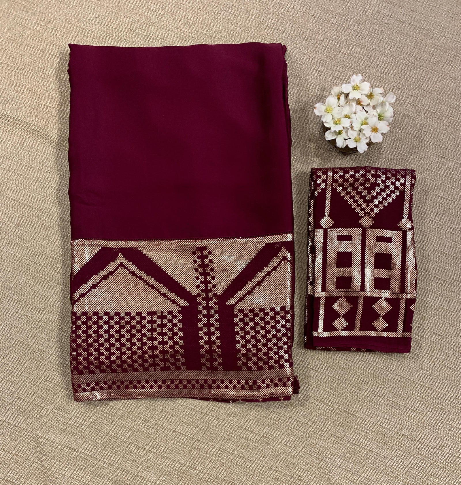 Wine pure Satin Saree with designer sequence border and blouse