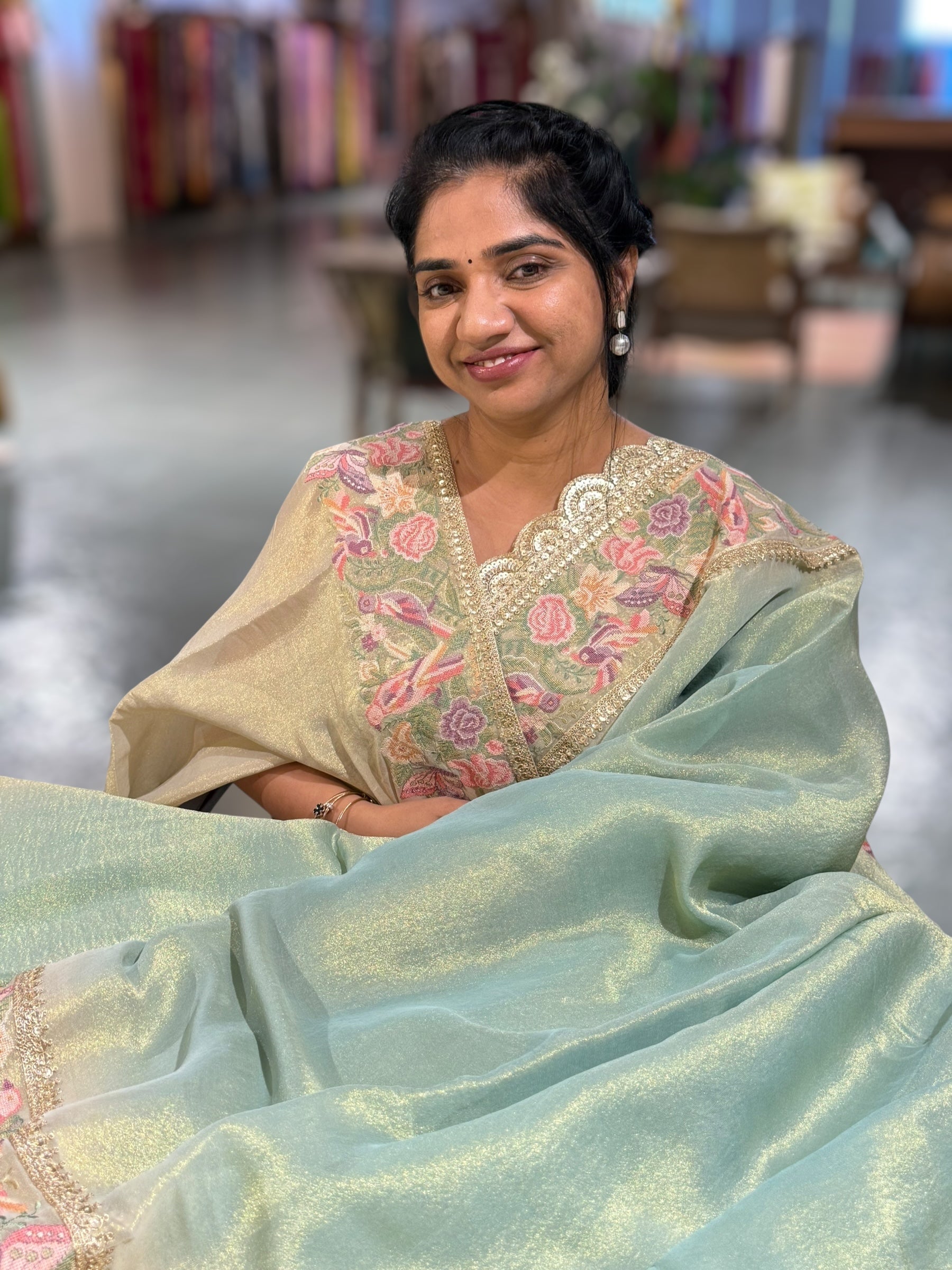 Sea Green Tissue Gorgette Saree With Petite Point Embroidered Border