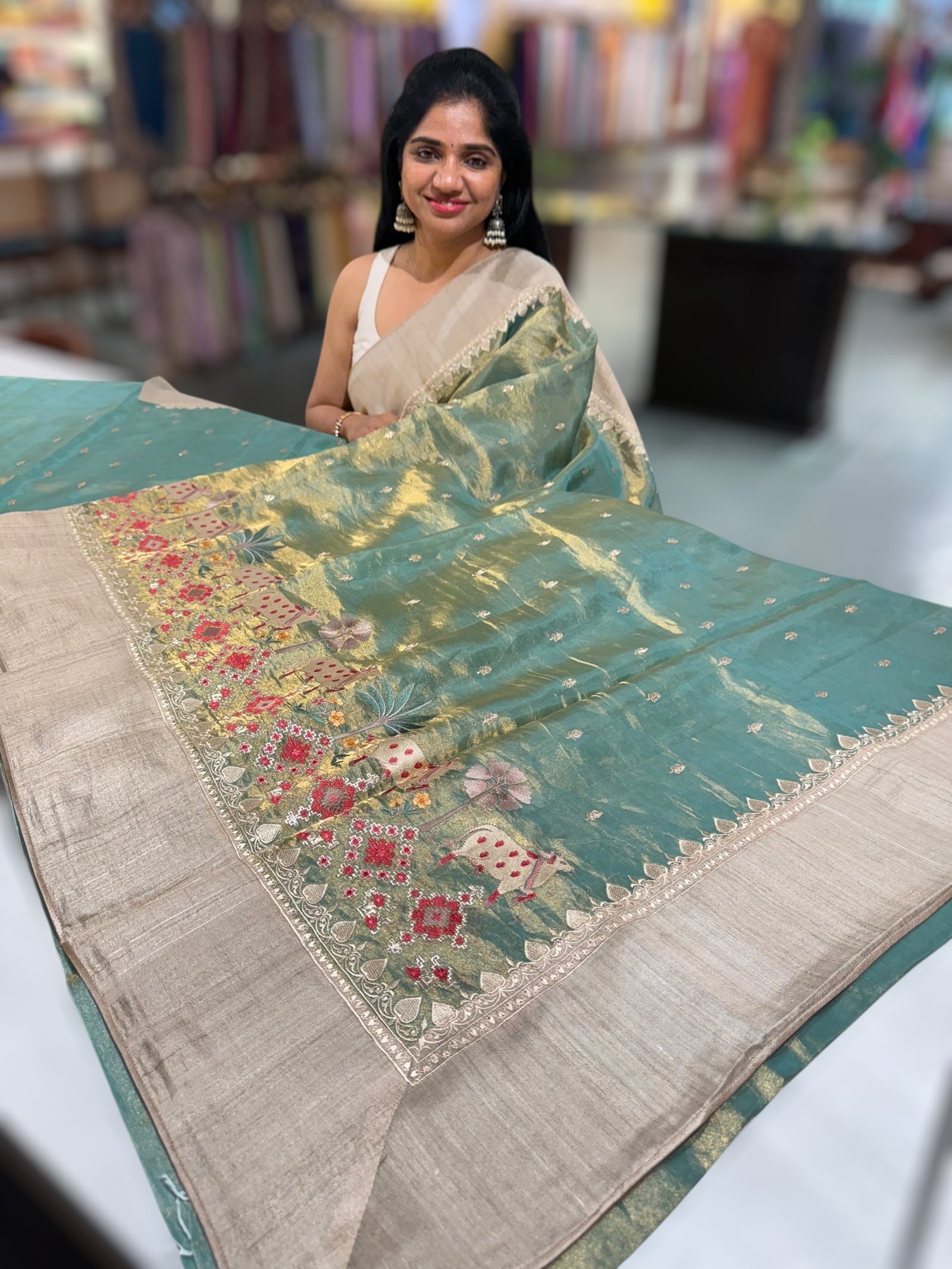 Mint Green Designer Tissue Saree