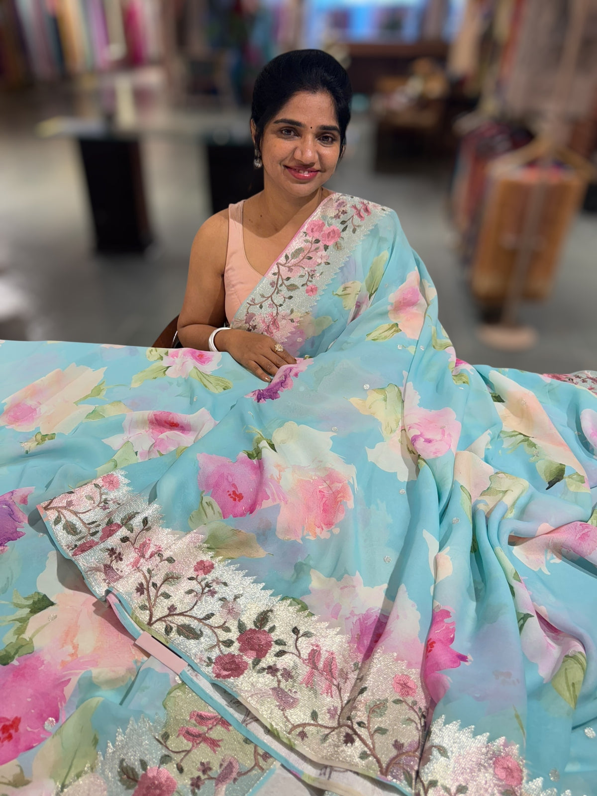 Pastel Blue  Printed georgette Saree With Tissue Embroidered Border