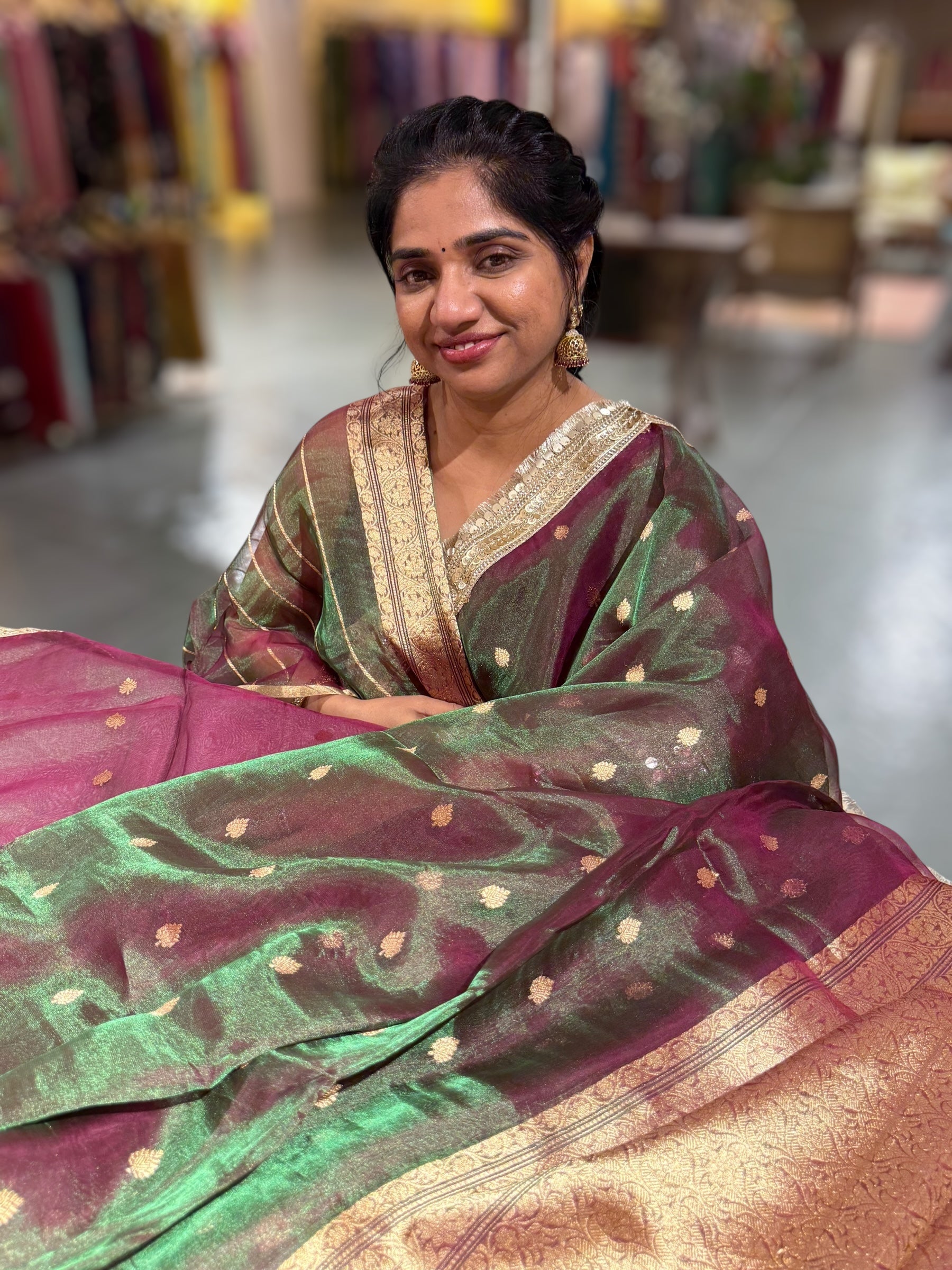 Green & Wine Combo Pure handloom Banarasi Tissue saree