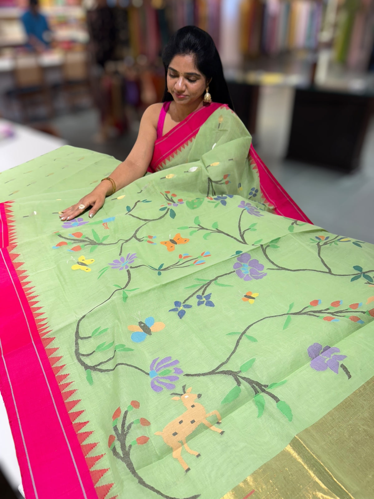 Pista Green pure handloom Ponduru Khadi jamdani Saree