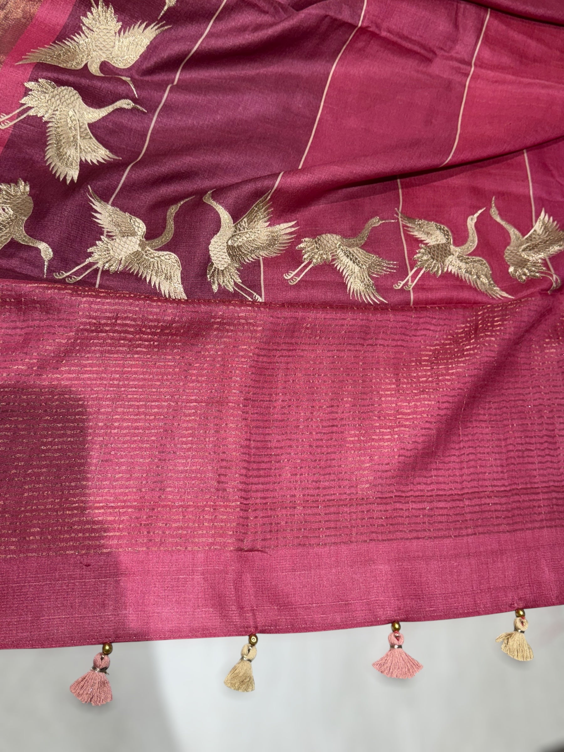 Tussar Rangkaat Saree With Crane Bird  Embroidered Border