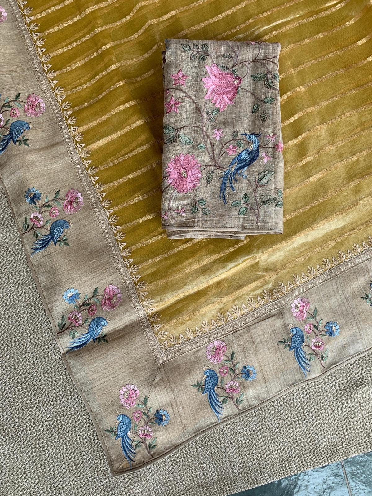Yellow Pure Handloom Tissue Saree with pure Tussar embroidered border