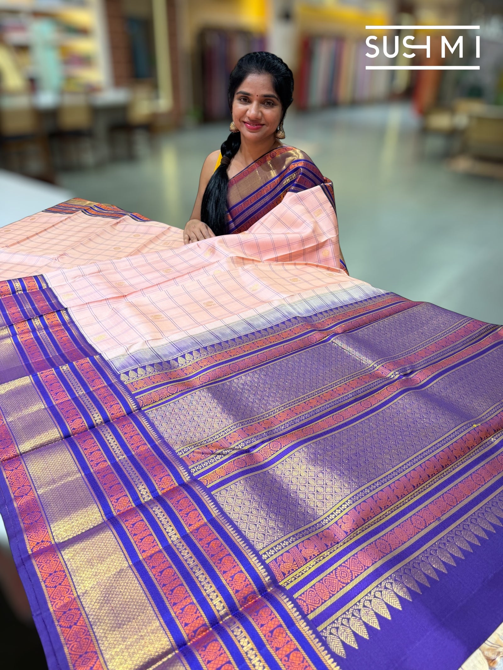 Peach Pink Vintage checks kanjeevaram saree S62F153