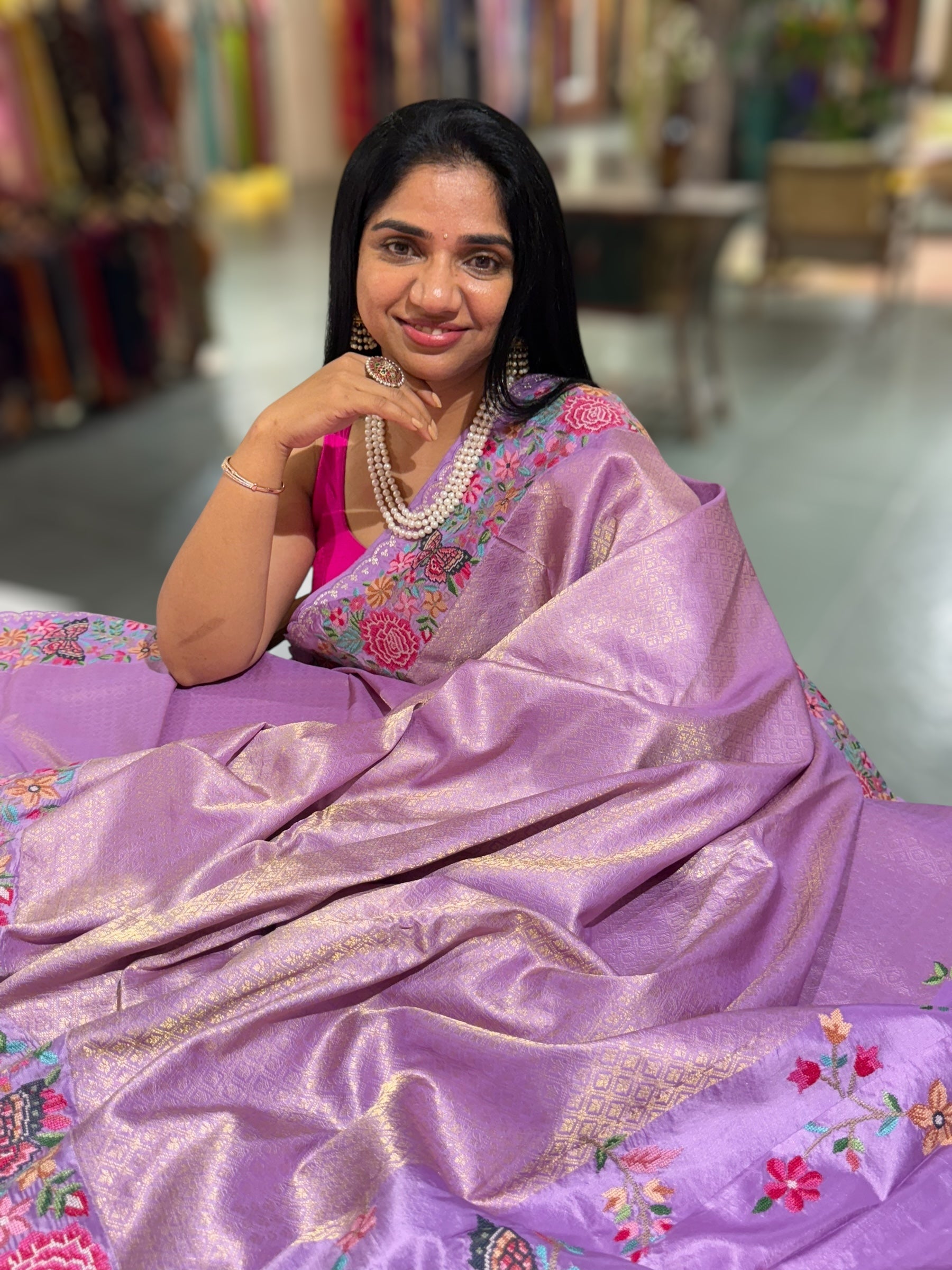 Lilac Kanjeevaram Brocade Saree with Petite Point Embroidered Border