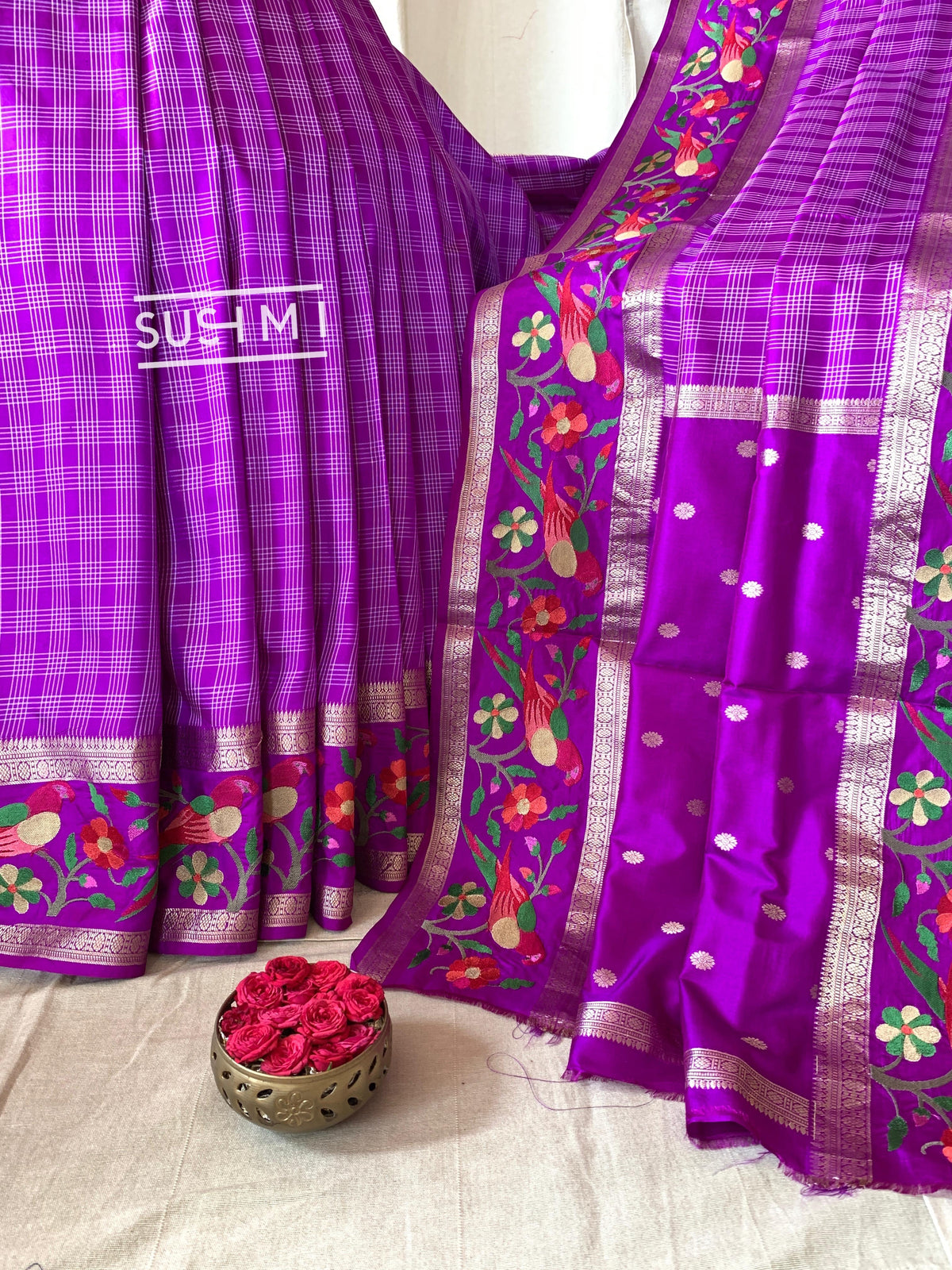 Majenta Vintage checks Kanjeevaram soft silk saree with embroidery D62F041
