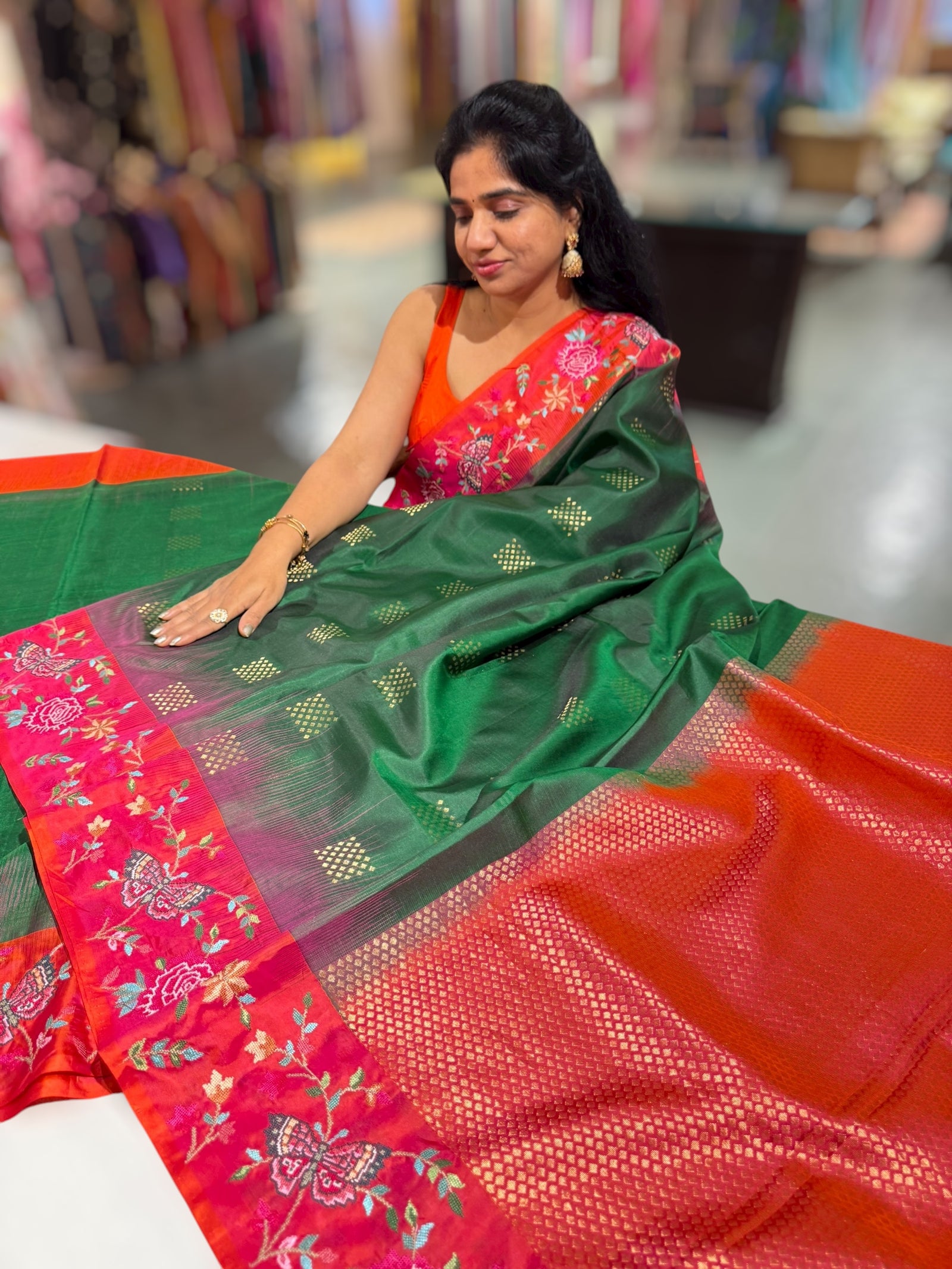 Bottle Green Kanchi Soft Silk Saree with petite point embroidered border