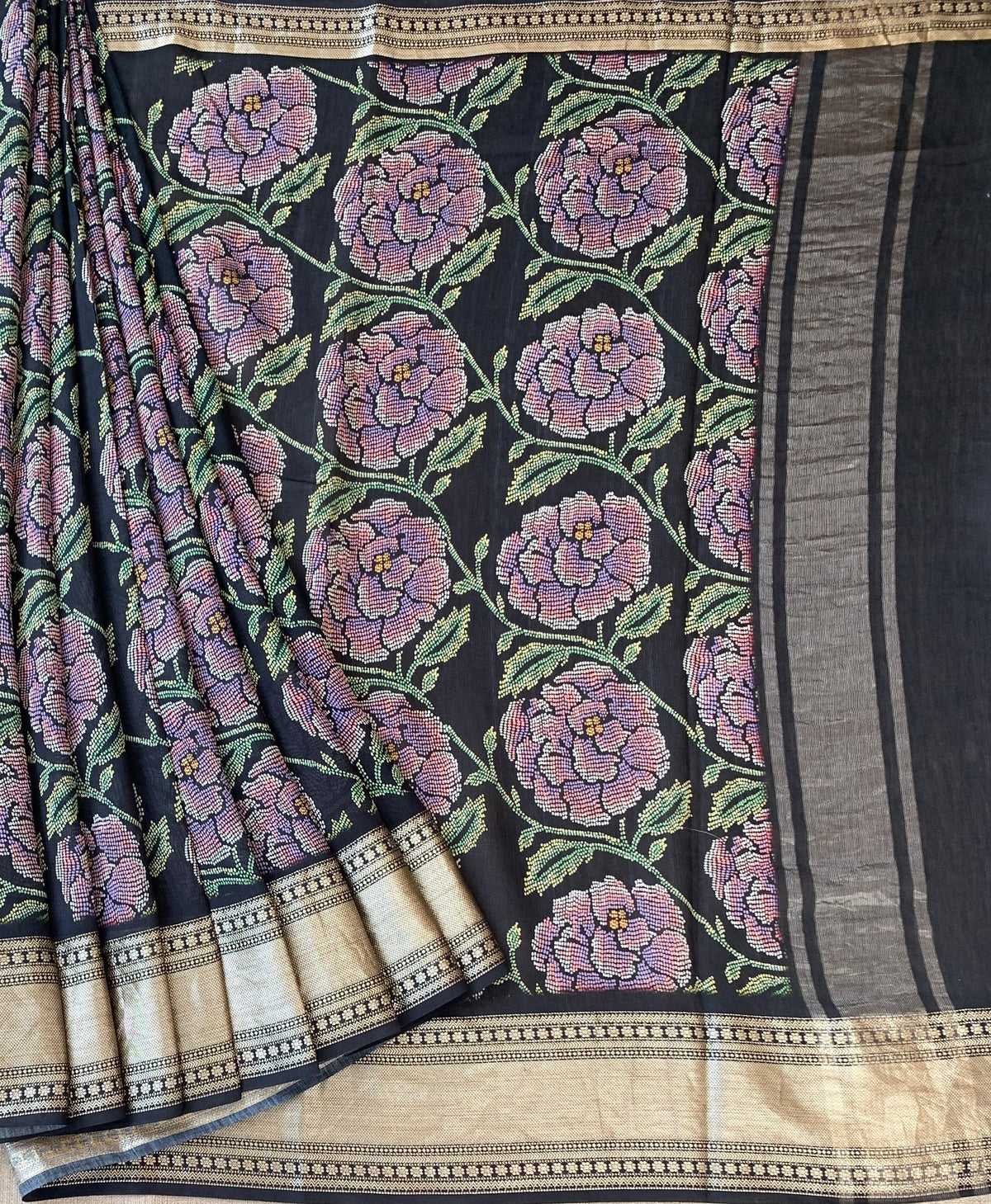 Black Pure Handloom Chiniya Silk Saree with stunning Floral Print and zari borders