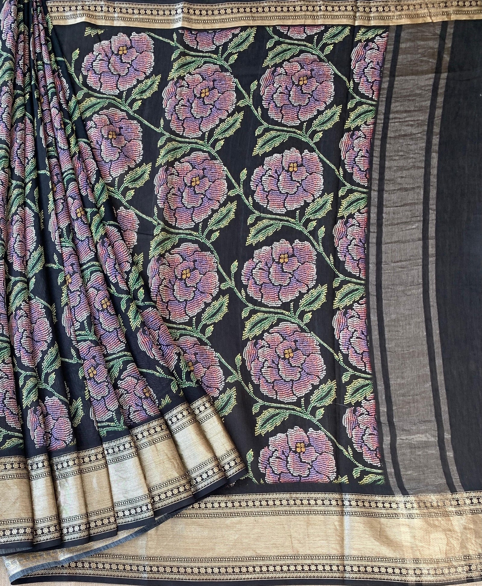 Black Pure Handloom Chiniya Silk Saree with stunning Floral Print and zari borders