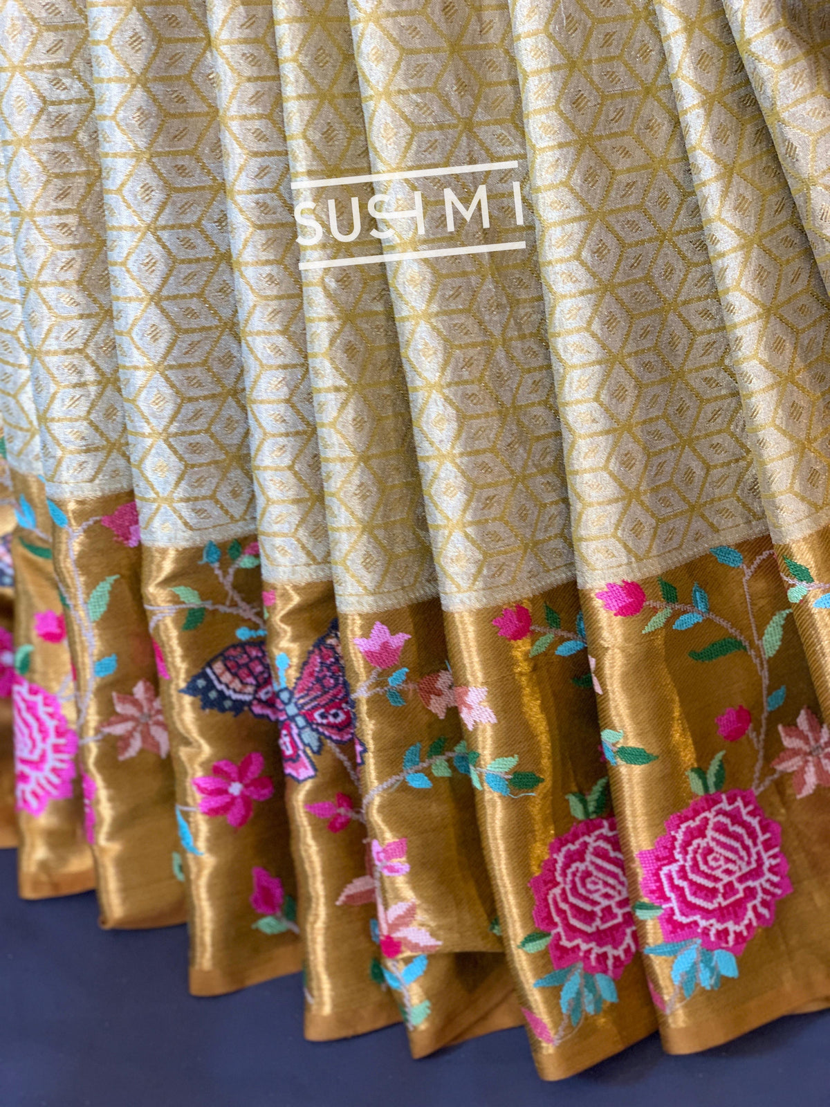 Gold Kanjeevaram Tissue Sareewith petite point embroidery : S62F085