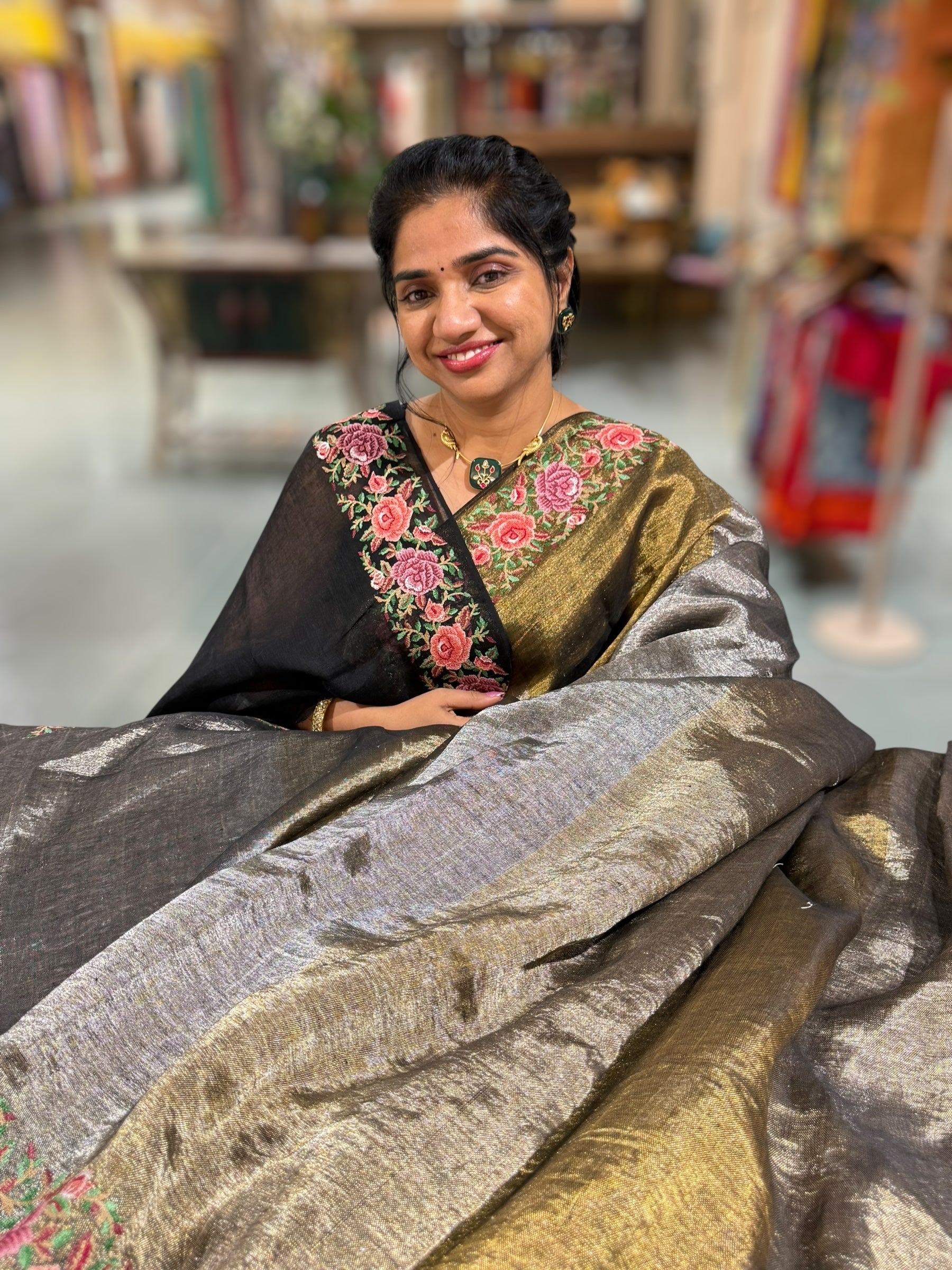 Lenin Tissue Saree with petite point Embroidered Border