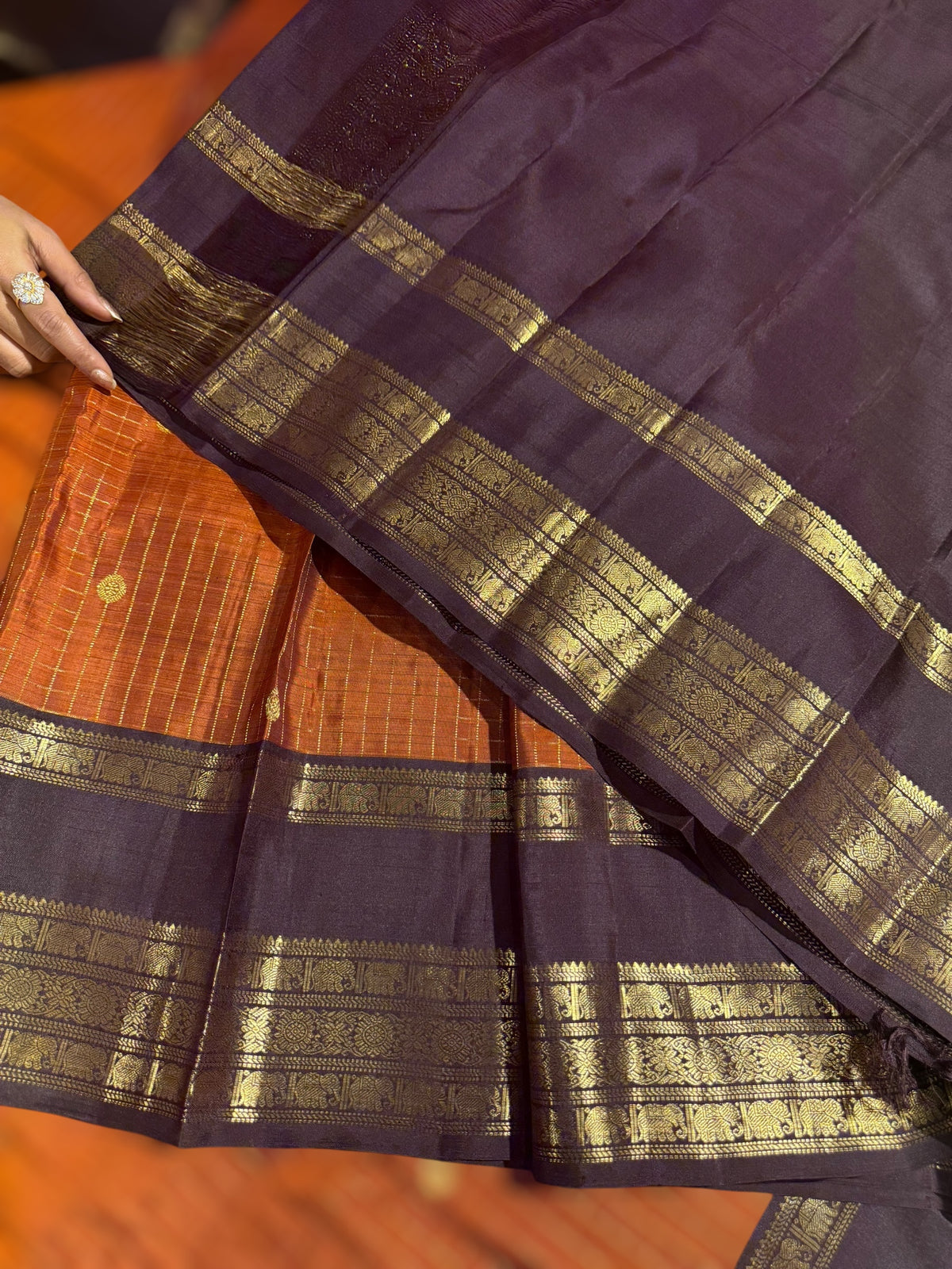Rust Orange & Brown Combo Kanchi Vintage Checks Saree