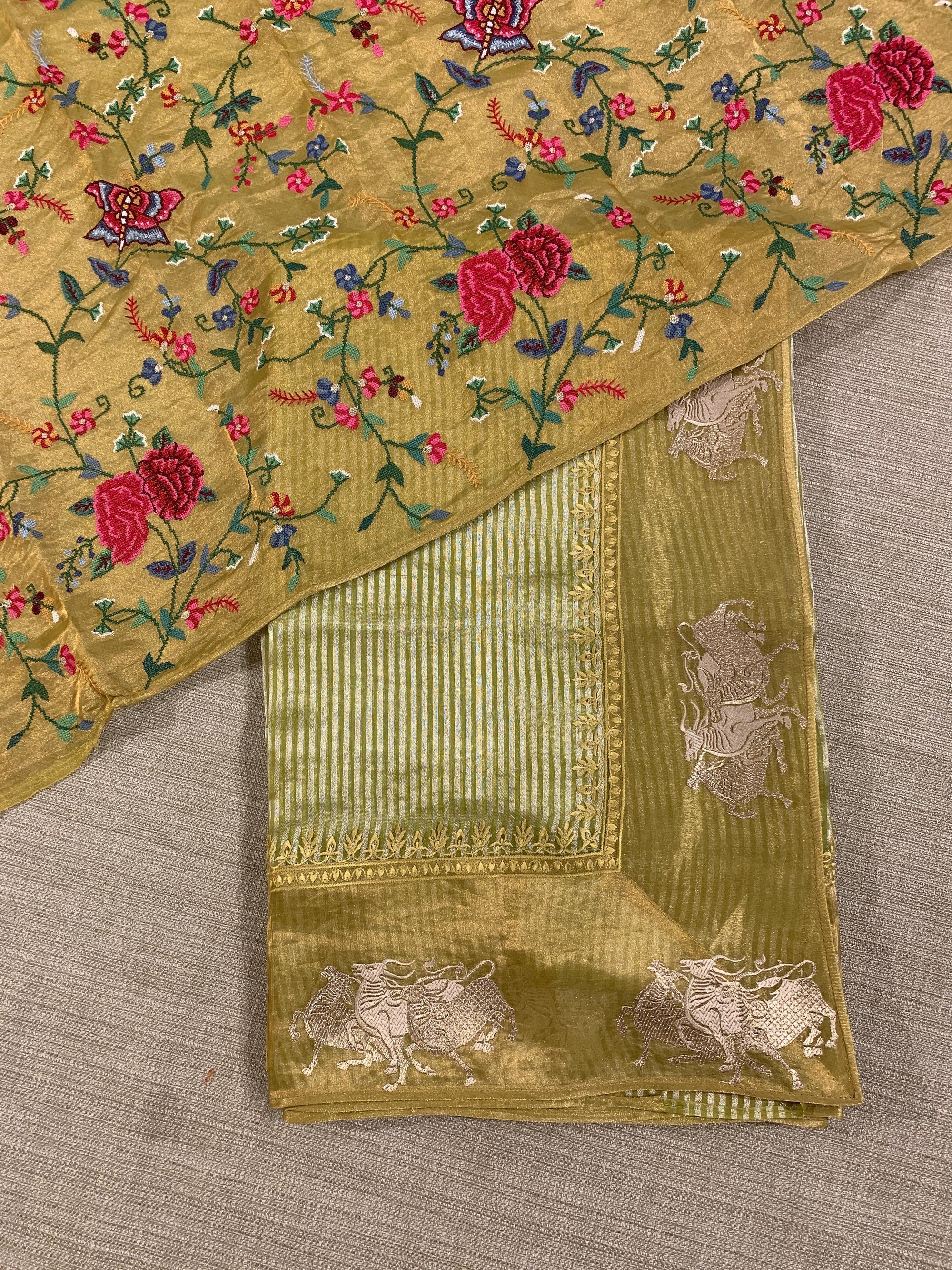 Lime Green Kora tissue stripes Saree with Nandi embroidered tissue border
