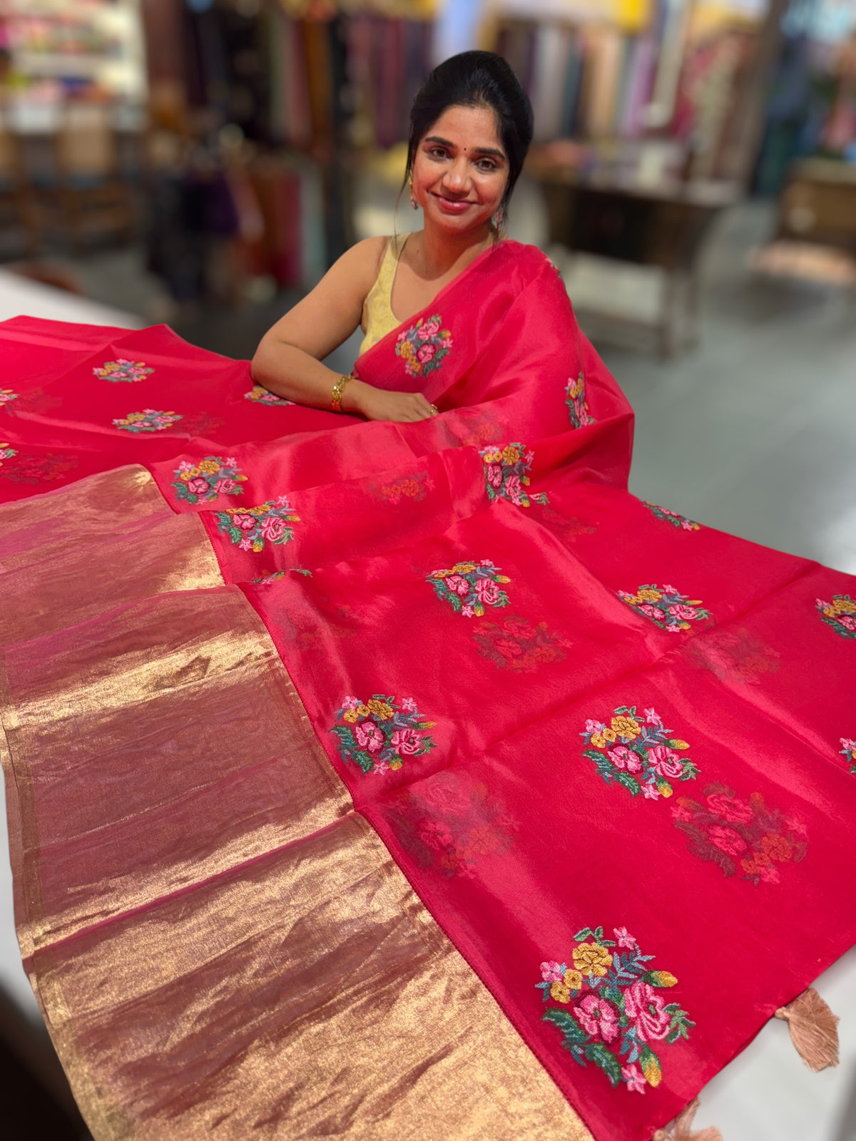 Pinkish Red Organza Saree with pure Tissue Border