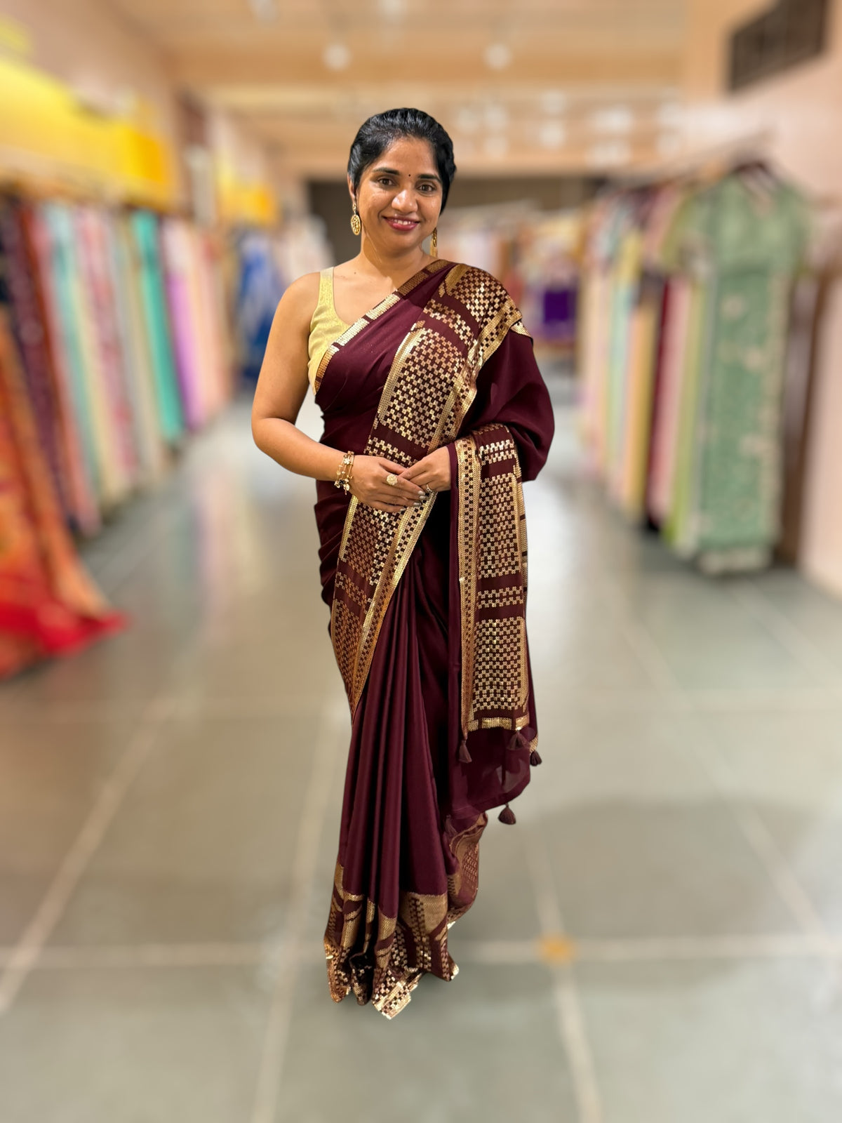 Burgundy Pure Satin Saree with designer sequence border and blouse