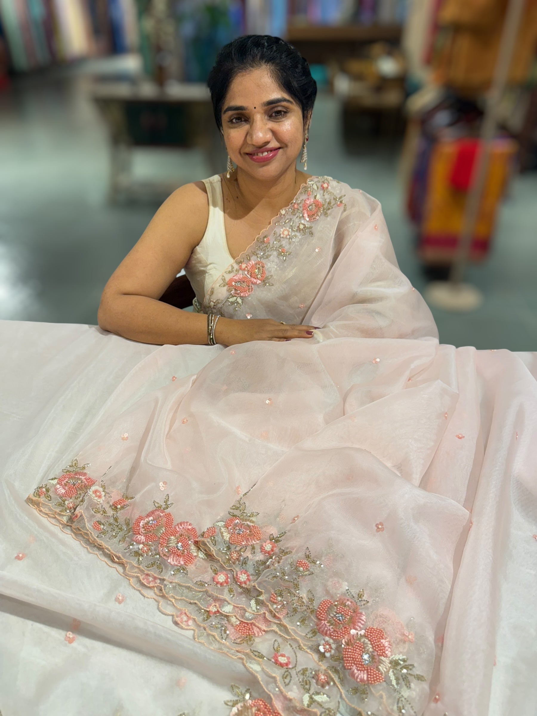 Pink Organza handwork saree with ready to wear blouse