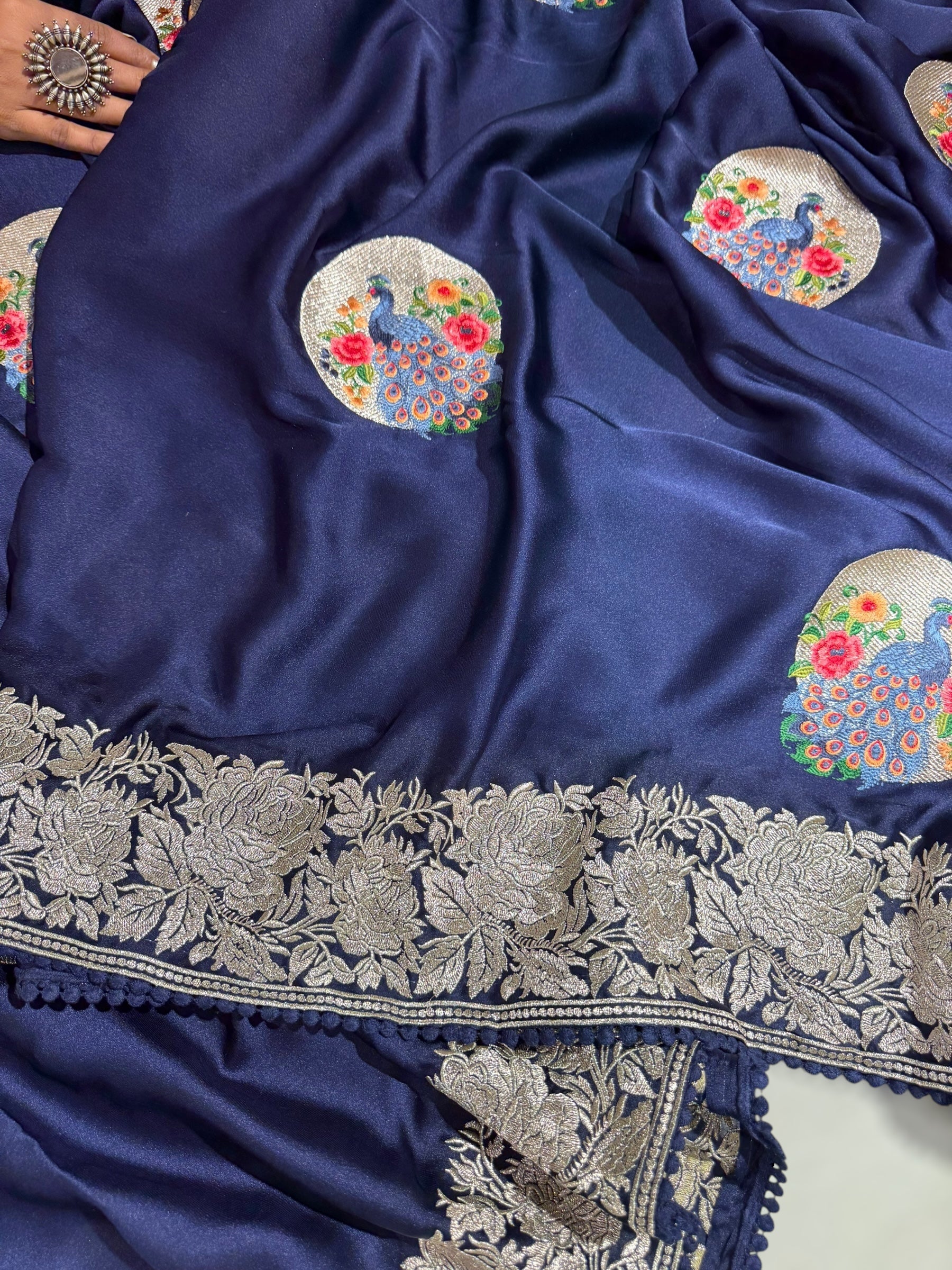 Midnight Blue Designer Satin Saree with stunning embroidered border & motifs