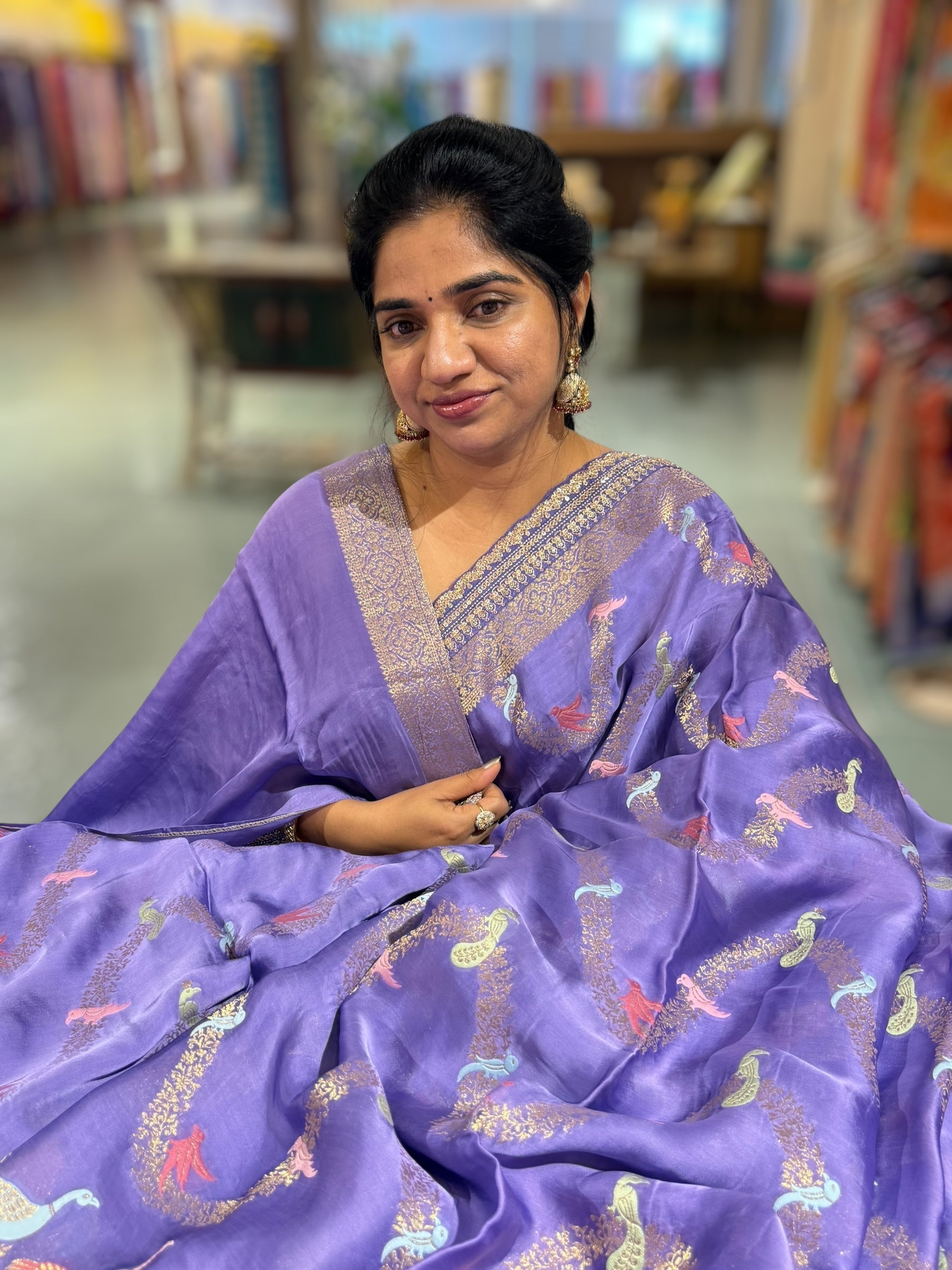 Lavender Mashru Silk Saree with allover weaving and Sahbysachi borders and Blouse
