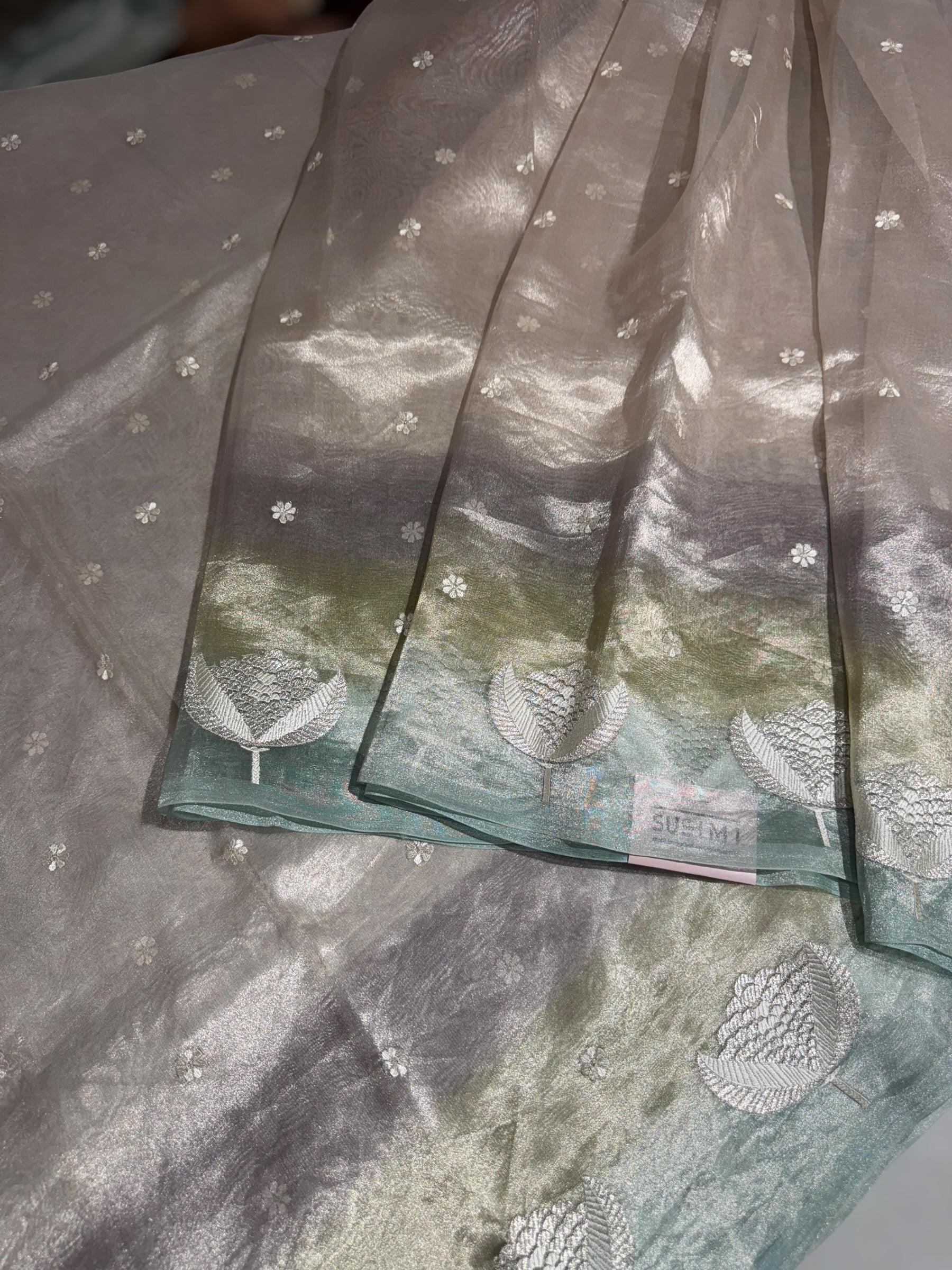 Silver Tissue Saree with ombre dyed Embroidered Border