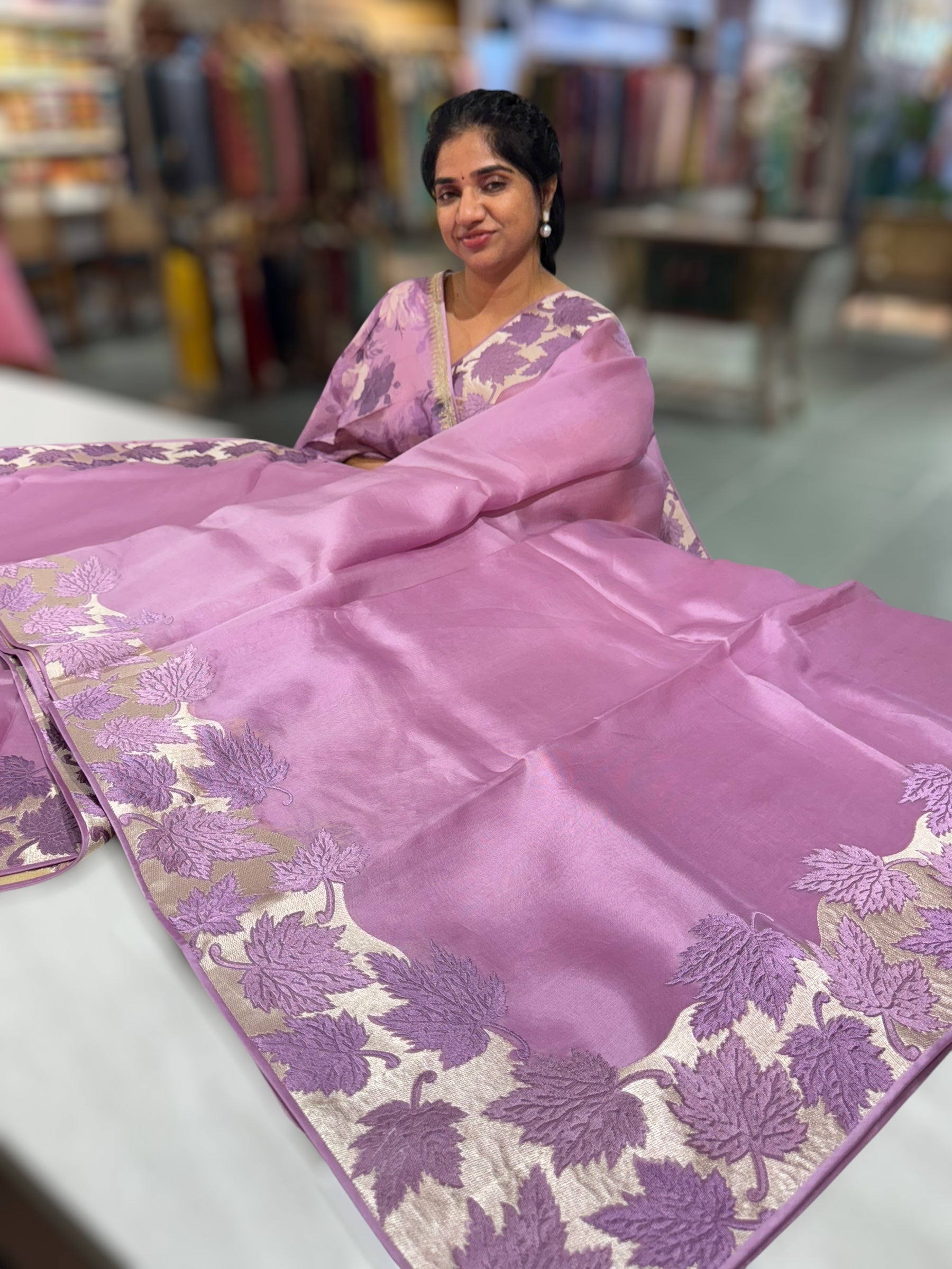 Lilac Organza Saree with Stunning Leaf Embroidered Border