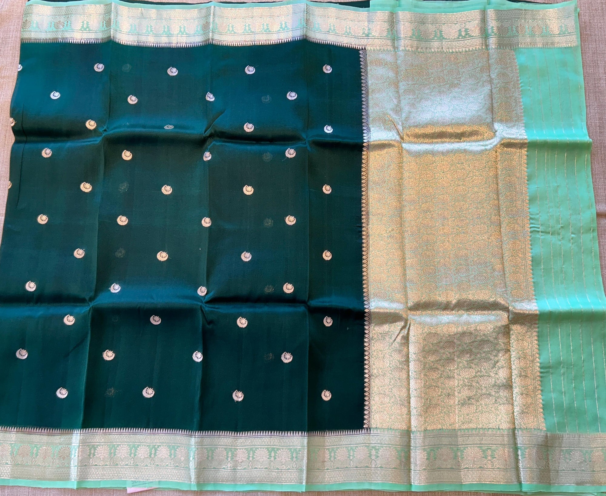 Bottle Green & Sea Green Combo Pure Handloom premium Kora Banarasi Saree