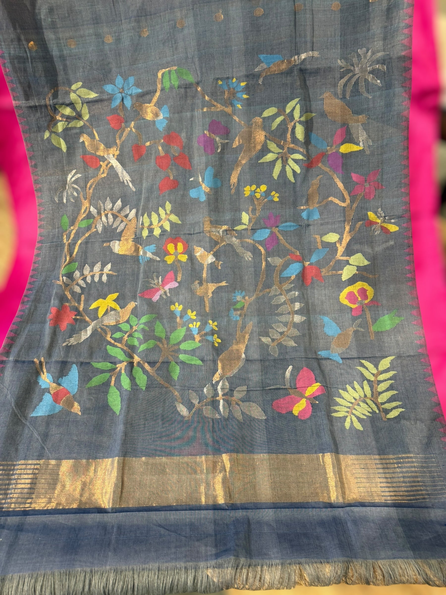 Grey Ponduru Khadi Saree with Pink Silk Temple Border & Jamdani Pallu