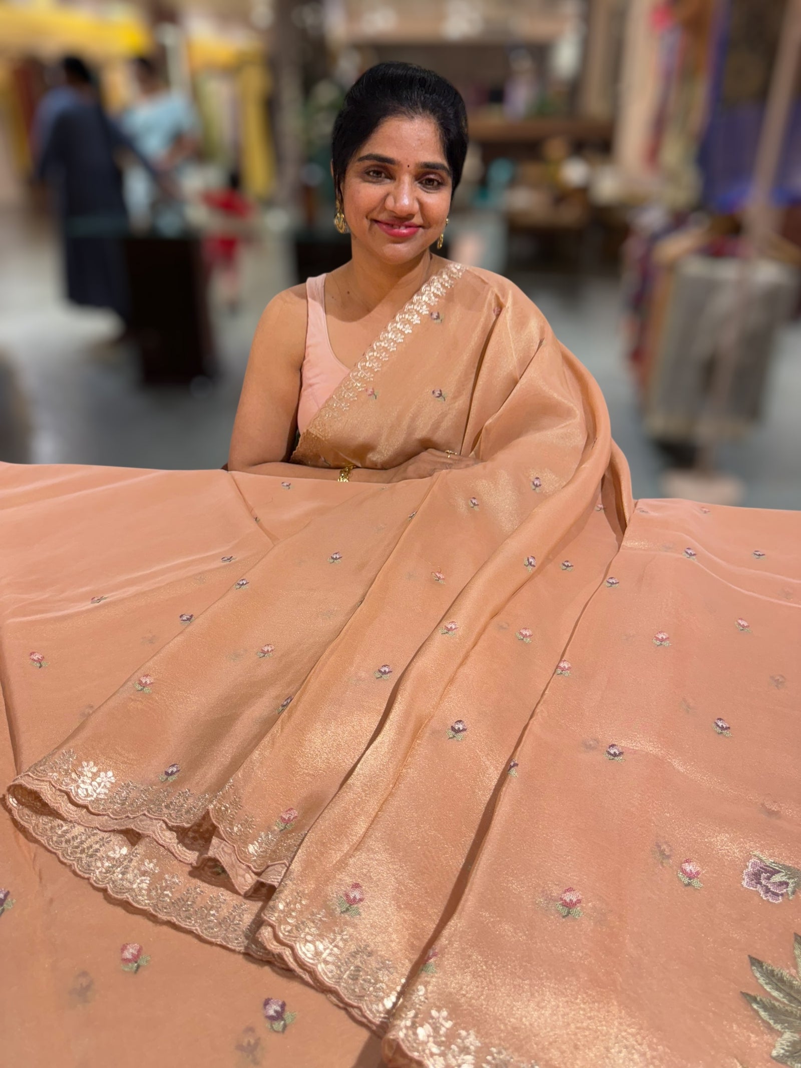 Peach Tissue Georgette Saree with petite point emb