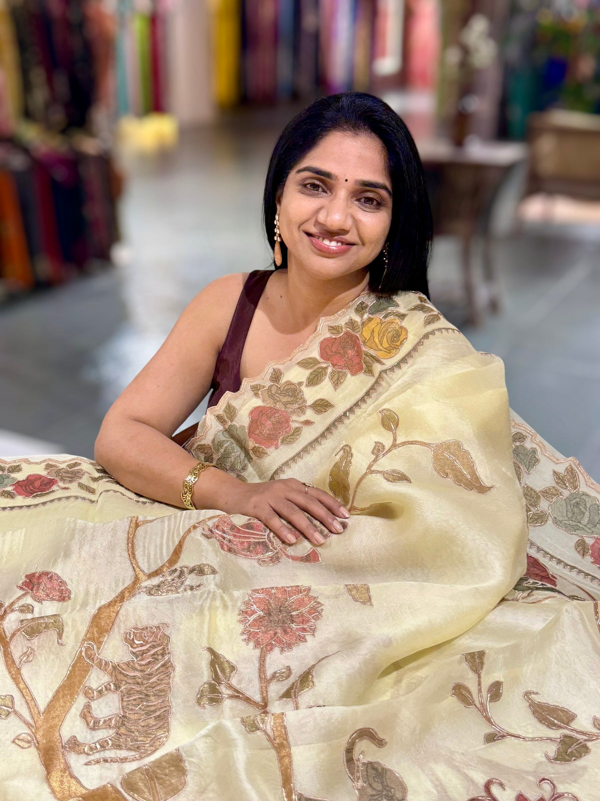 Pastel Yellow Pure Organza Applique Work Saree