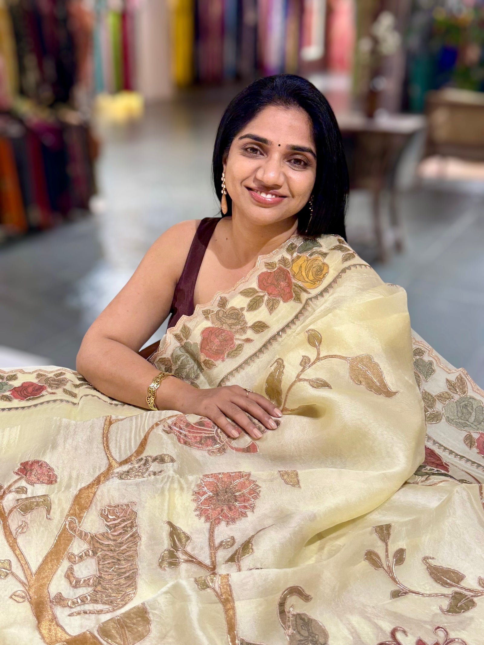 Pastel Yellow Pure Organza Applique Work Saree