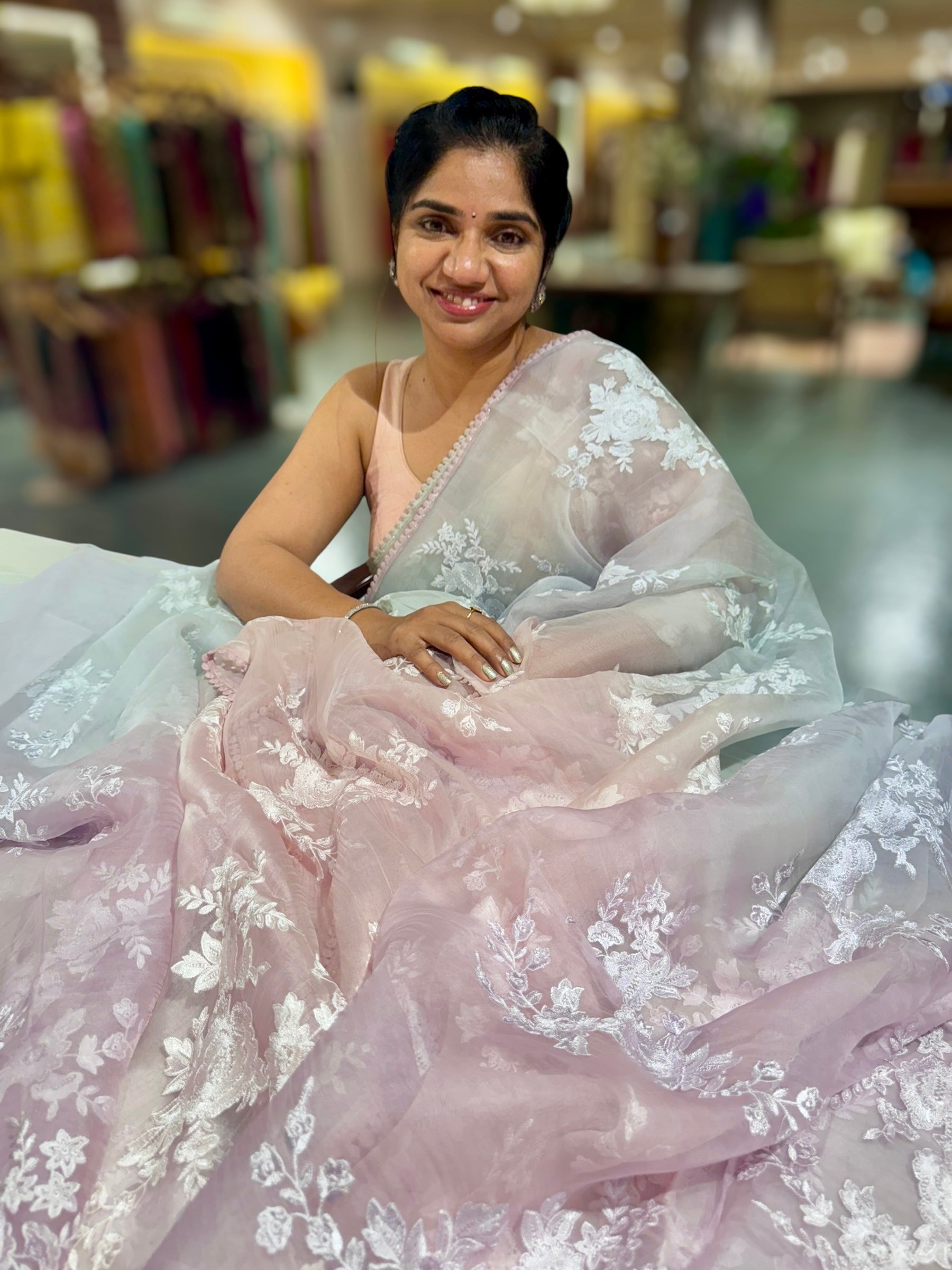 Pure Muslin Ombre Dyed Saree With allover Embroidery