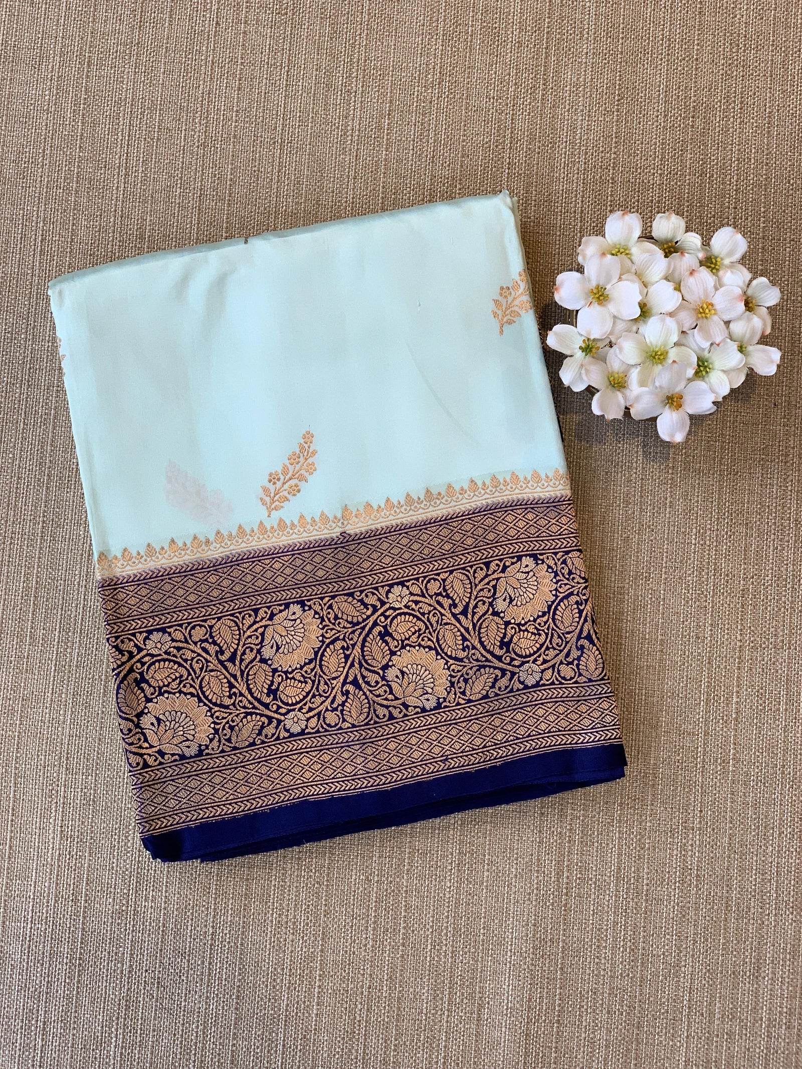 Powder Blue & Navy Blue Combo Raw Mangoe Silk Saree with heavy weaving mashru border & kaduwa woven motifs.