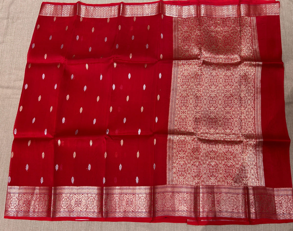 Red monotone Pure Handloom premium Kora Banarasi Saree