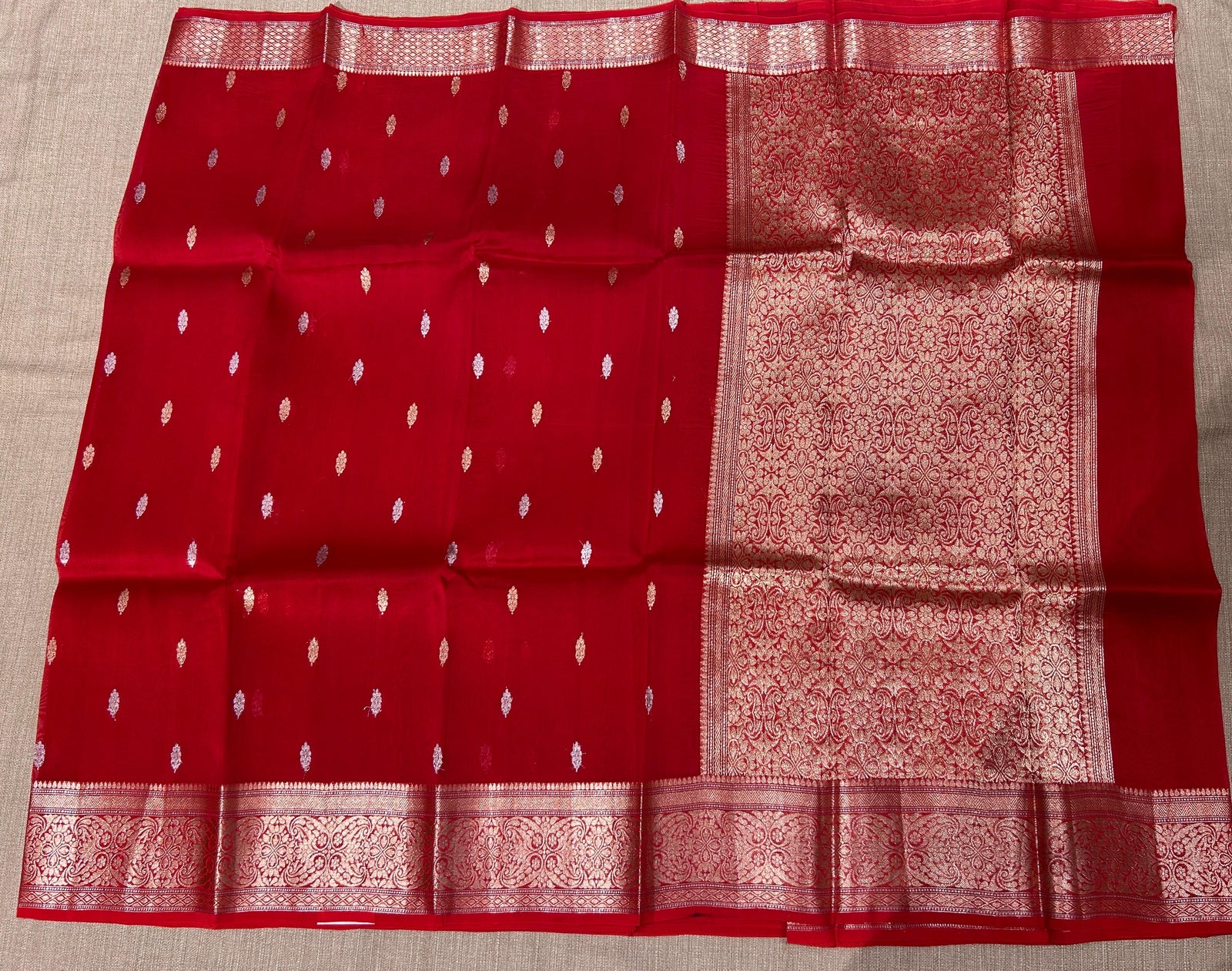 Red monotone Pure Handloom premium Kora Banarasi Saree