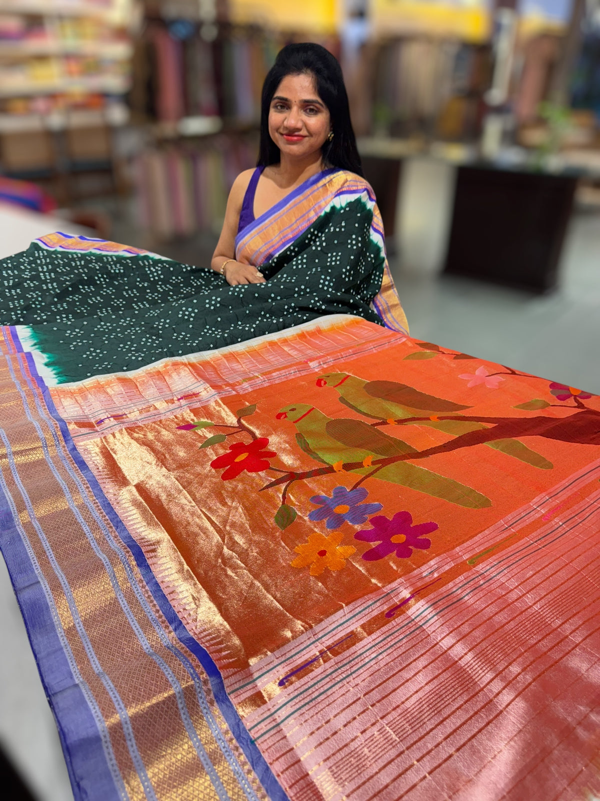 Forest Green Pure handloom Bandhini paithani saree