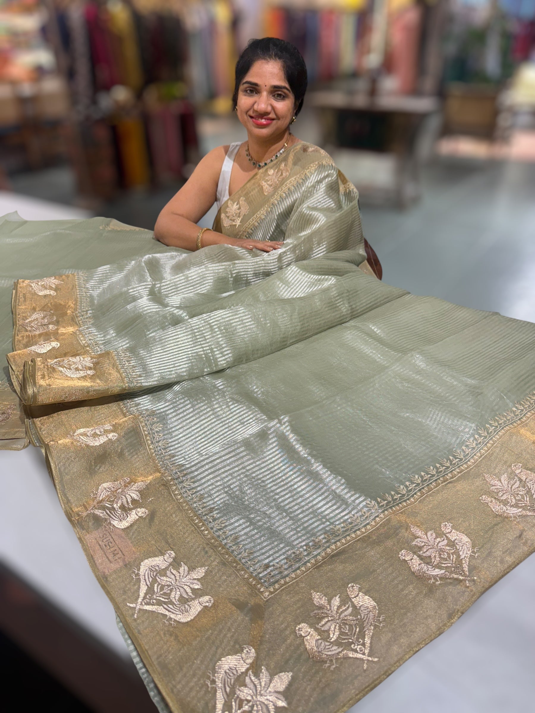 Mint Kora tissue silver stripes Saree with double parrot  embroidered tissue border